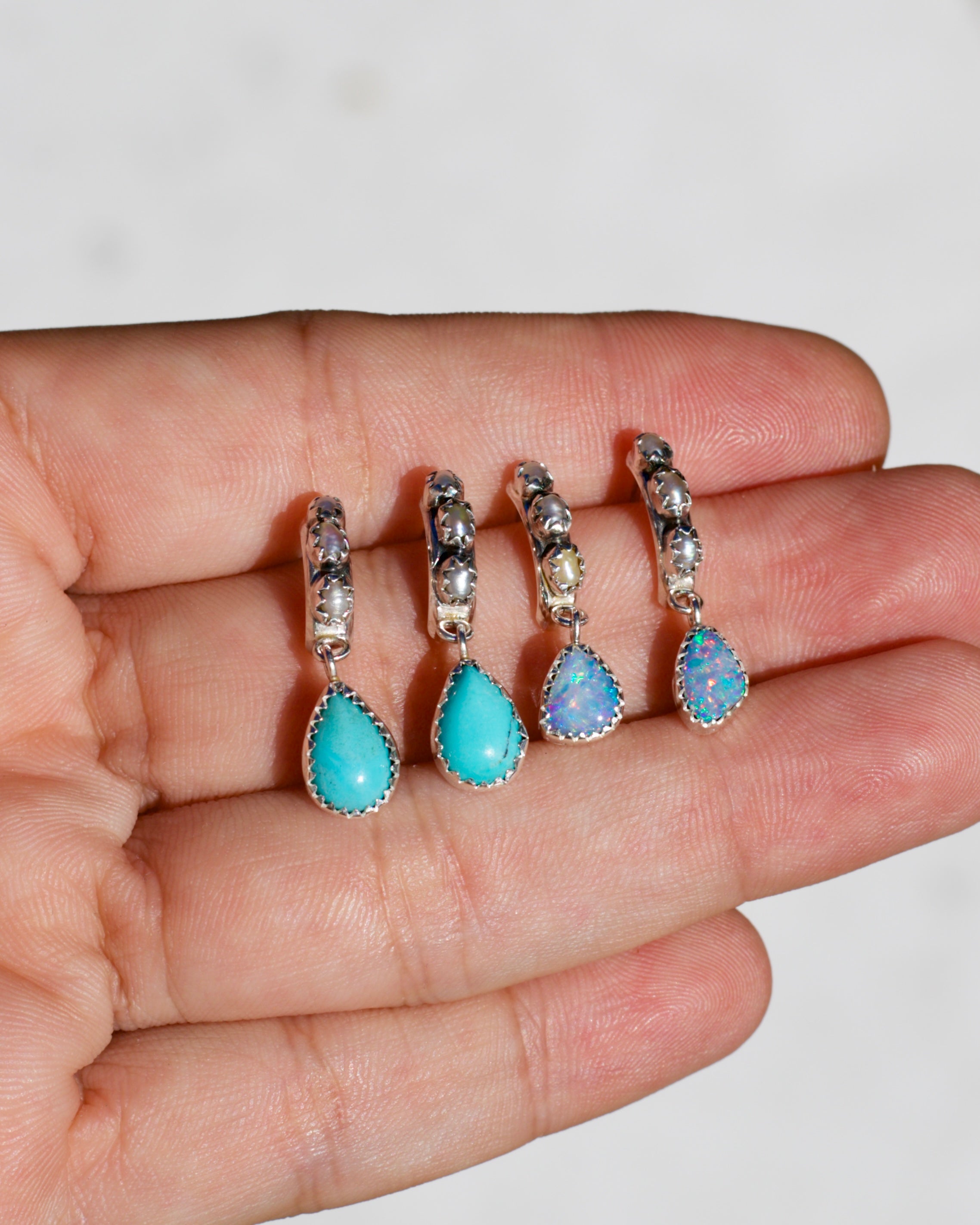 Gota Earrings. Fresh Water Pearls and Turquoise Drops.