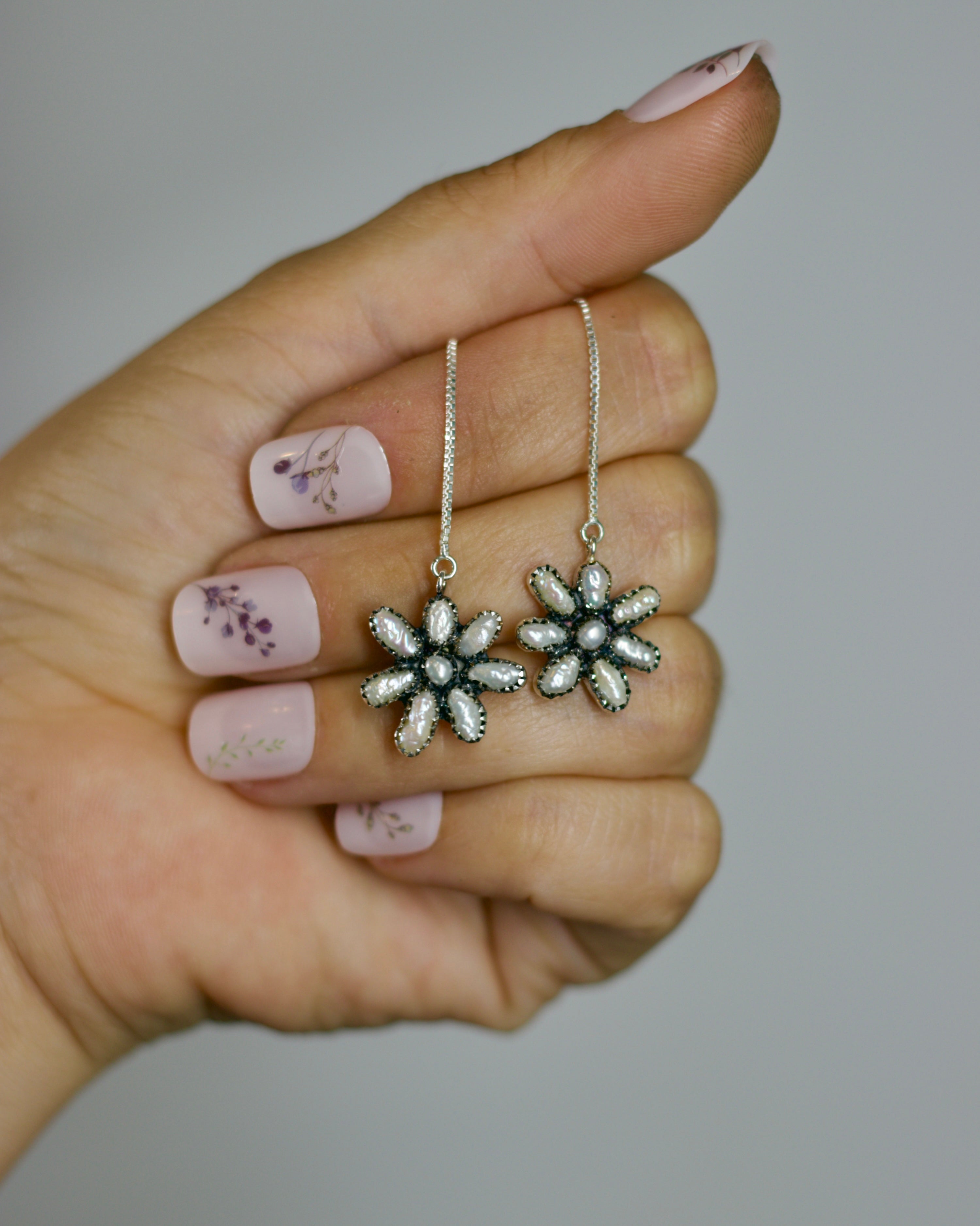 Fresh Water Pearl Flower Thread Earrings