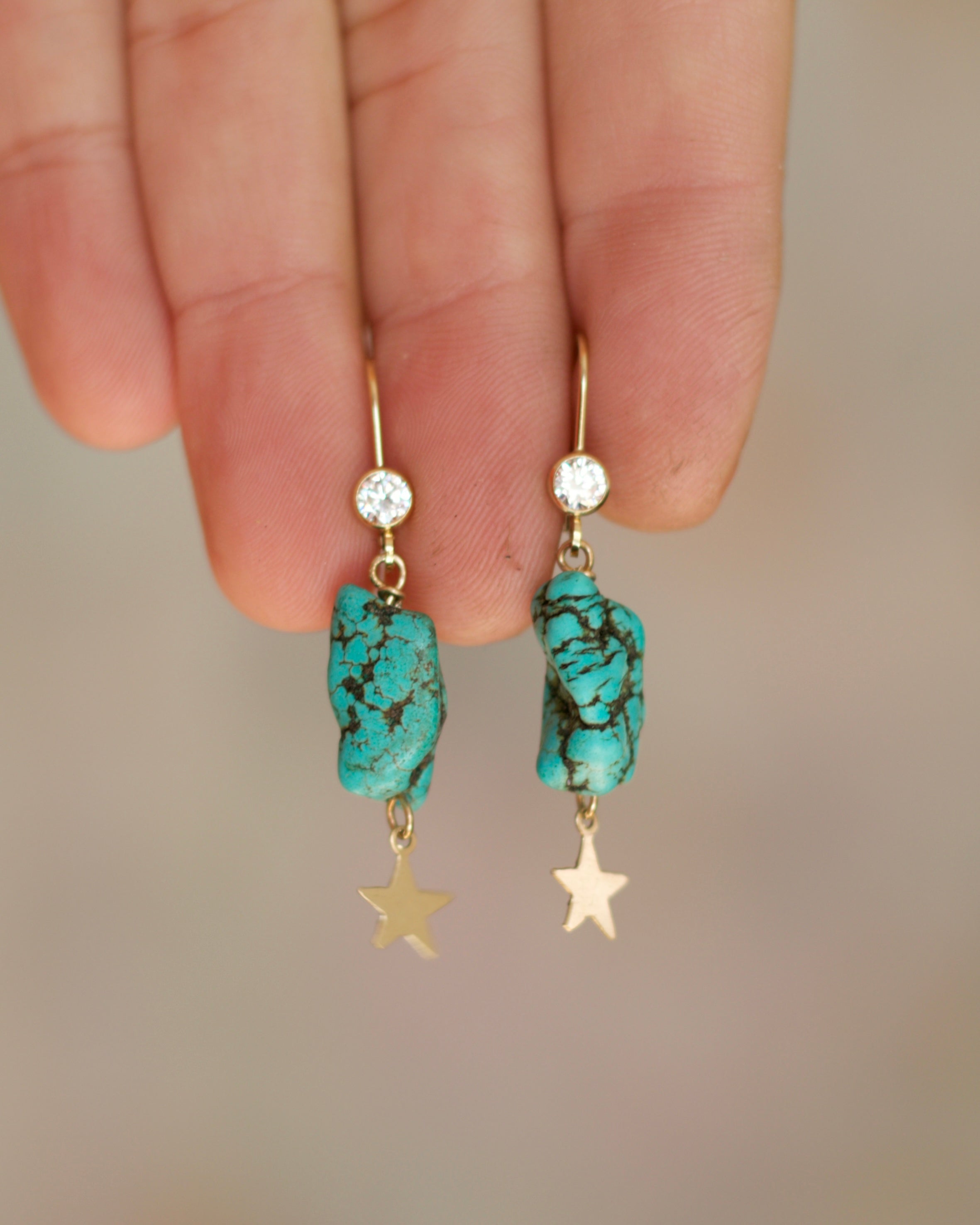 Gold Lever Back with Cubic Zirconia, Turquoise Nugget and stars.