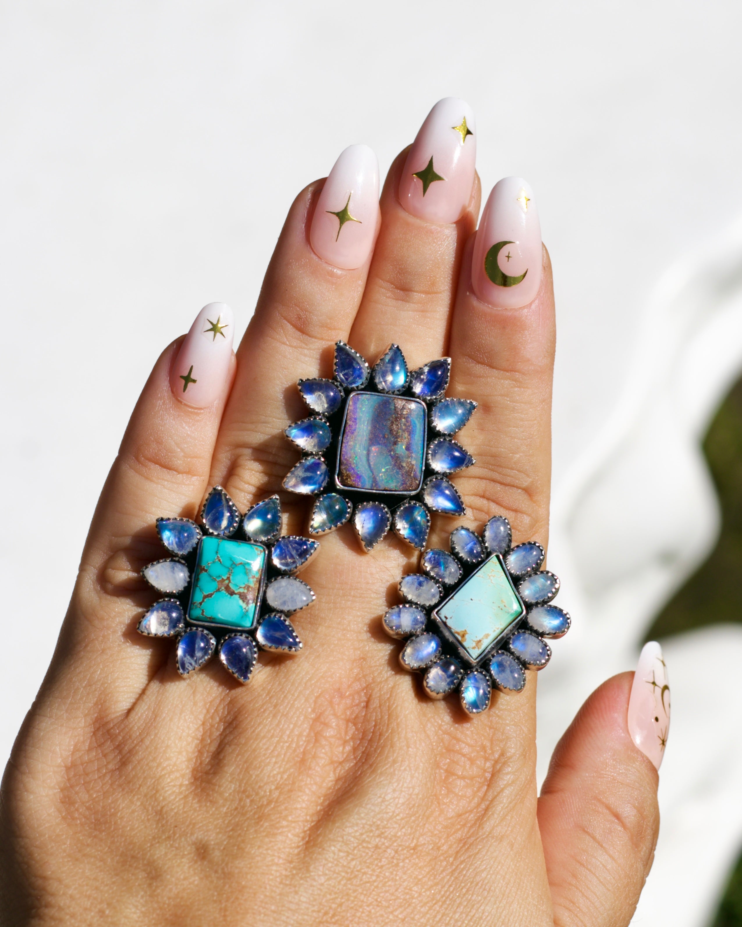 Moonlight Ring. Rainbow Moonstone and Pilot Mountain Turquoise. To be finished on your size