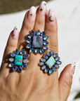 Moonlight Ring. Rainbow Moonstone and Pilot Mountain Turquoise. To be finished on your size