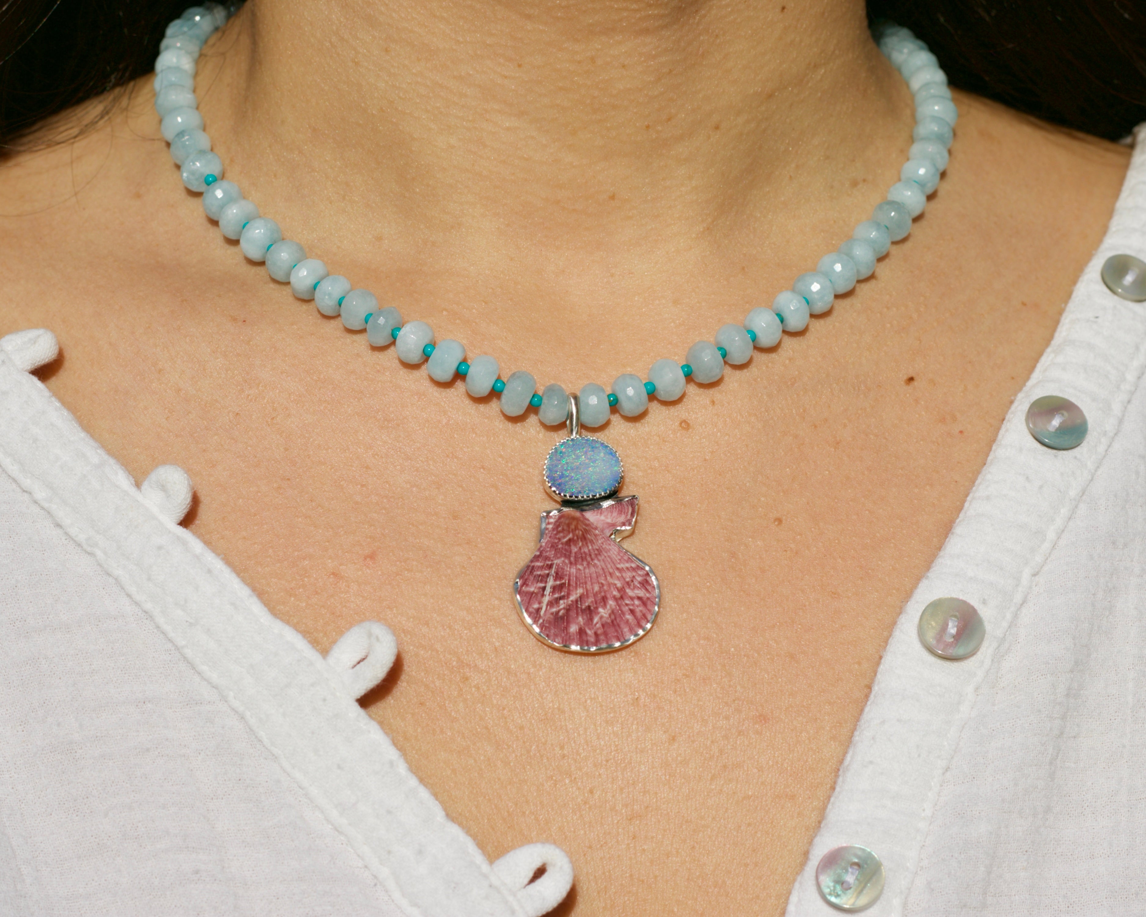 Juicy Aquamarine Beads, Opal and Shell Necklace