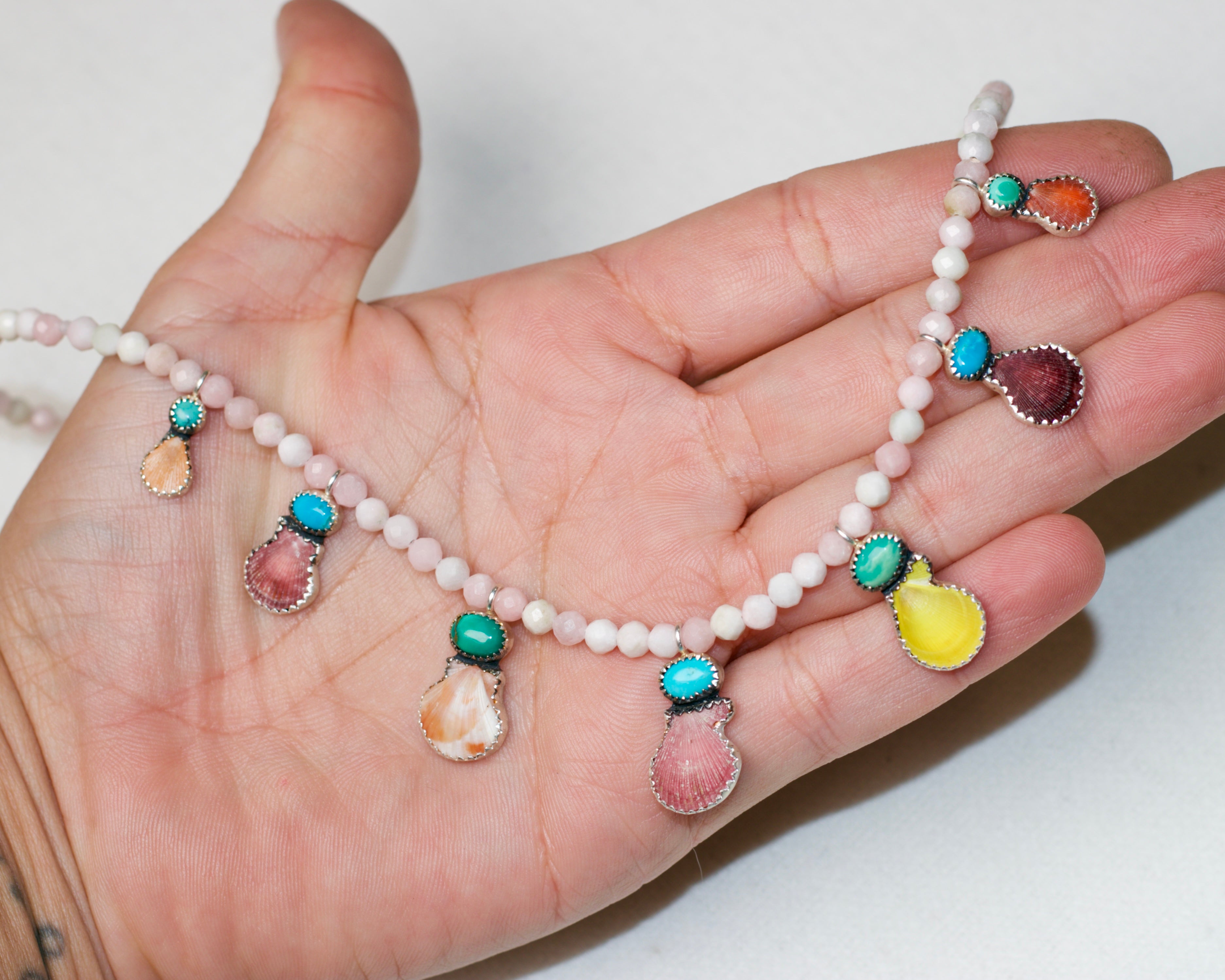 Summer Dreaming. Pink Opal in Turquoise and Shell Necklace