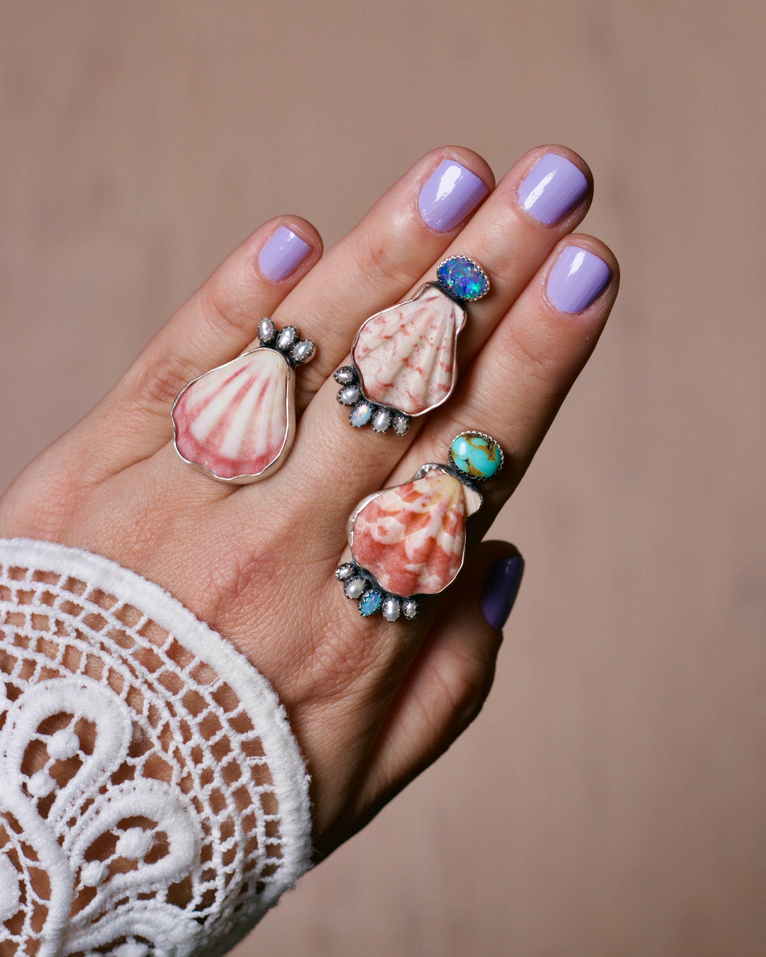 Crowned Ring. Shell, Turquoise, Opal and Fresh Water Pearls.