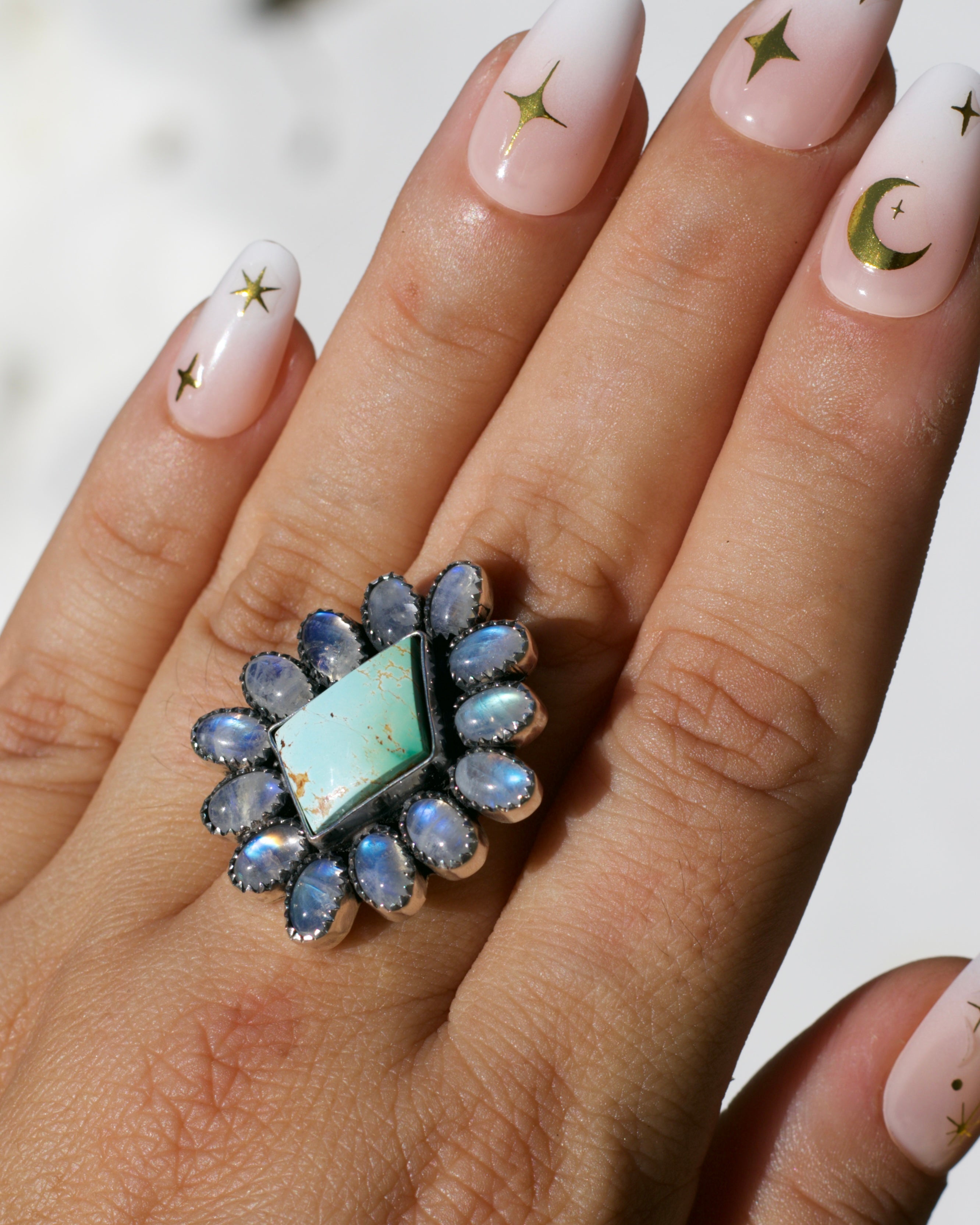 Moonlight Ring. Rainbow Moonstone and Pilot Mountain Turquoise. To be finished on your size