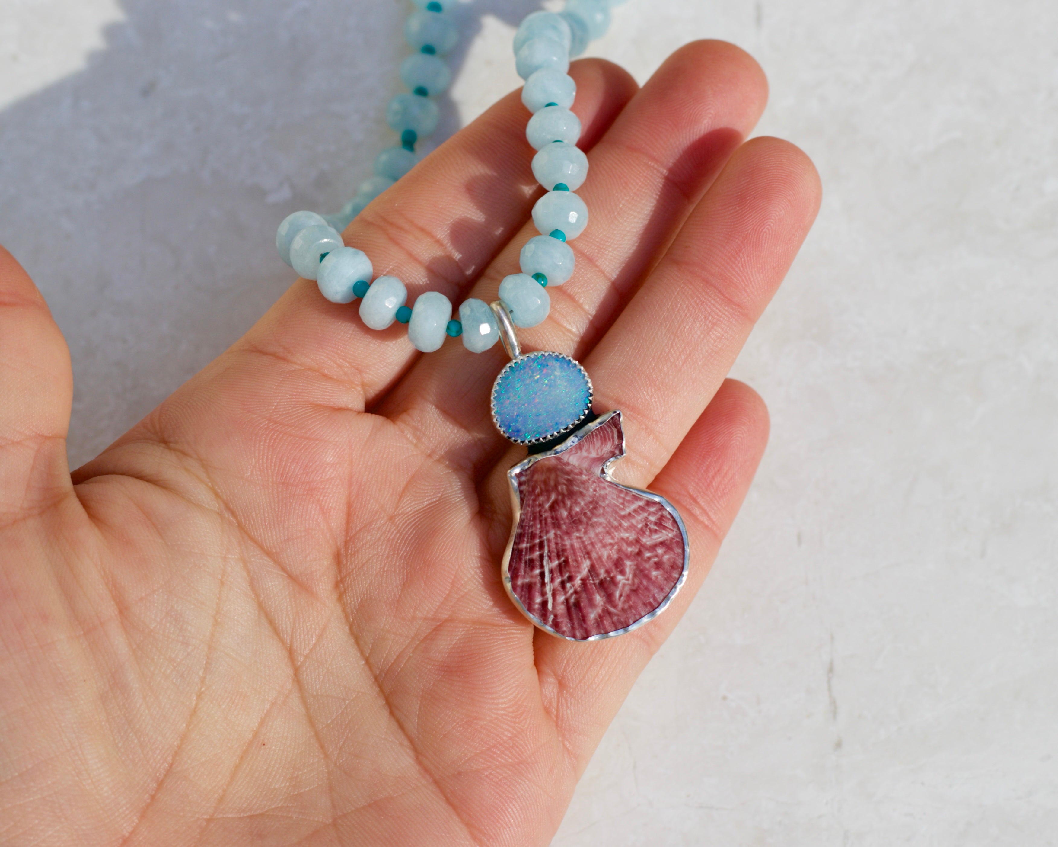 Juicy Aquamarine Beads, Opal and Shell Necklace