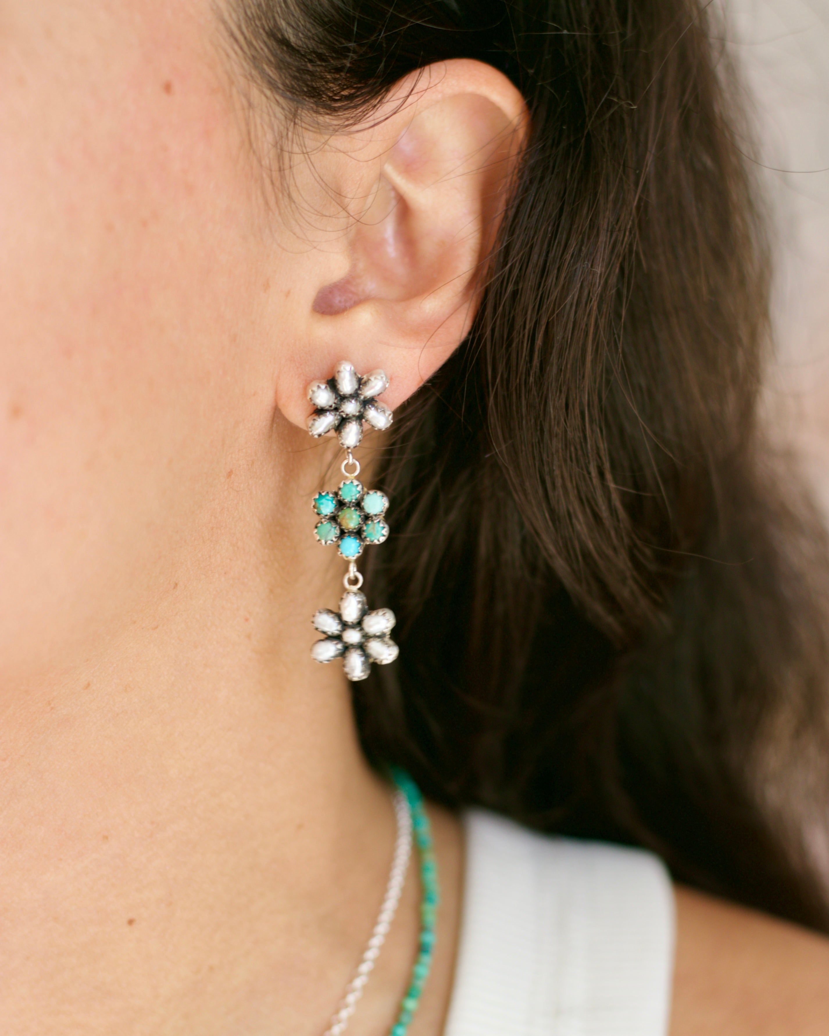 Fleur Earrings FW Pearl and Turquoise