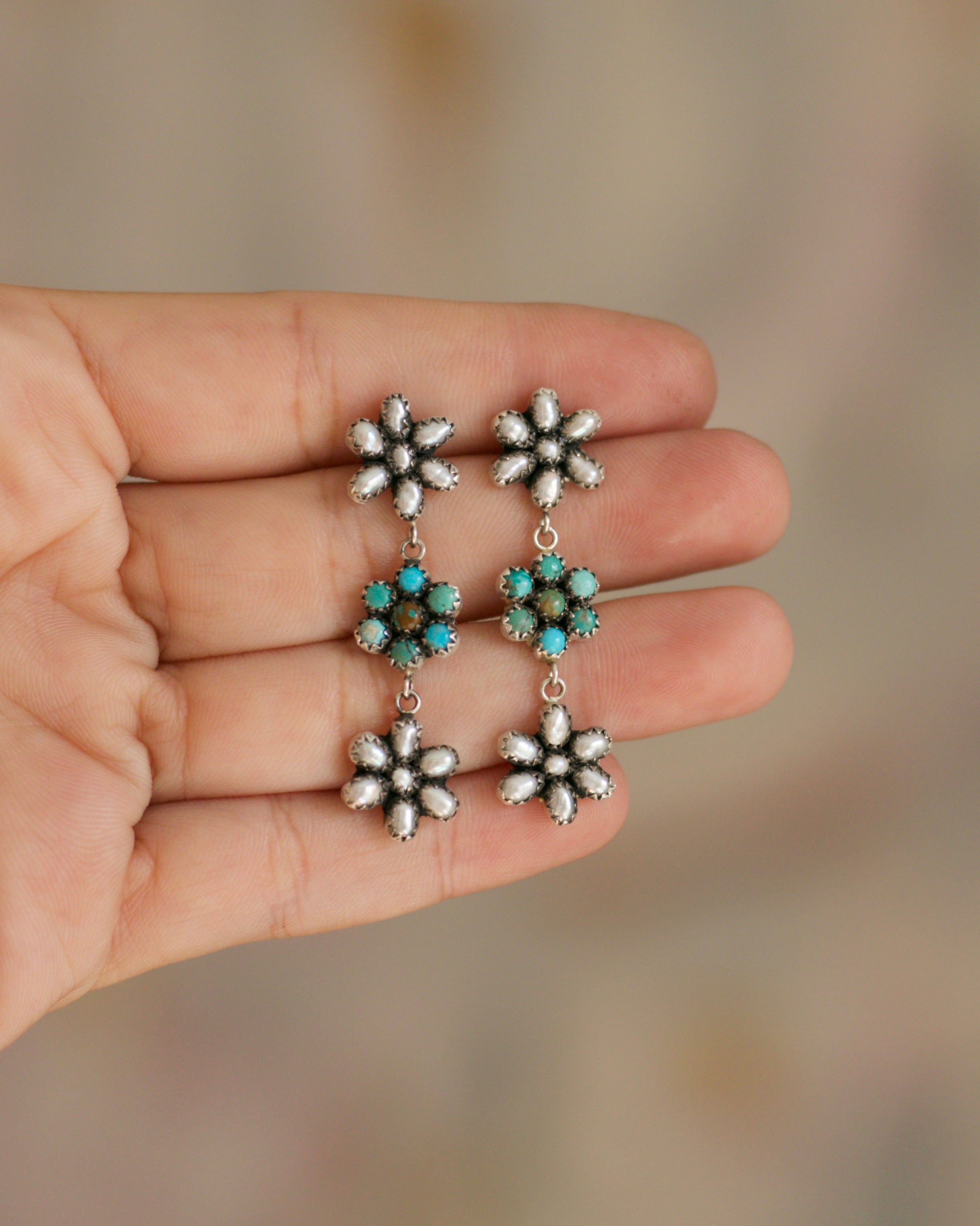 Fleur Earrings FW Pearl and Turquoise