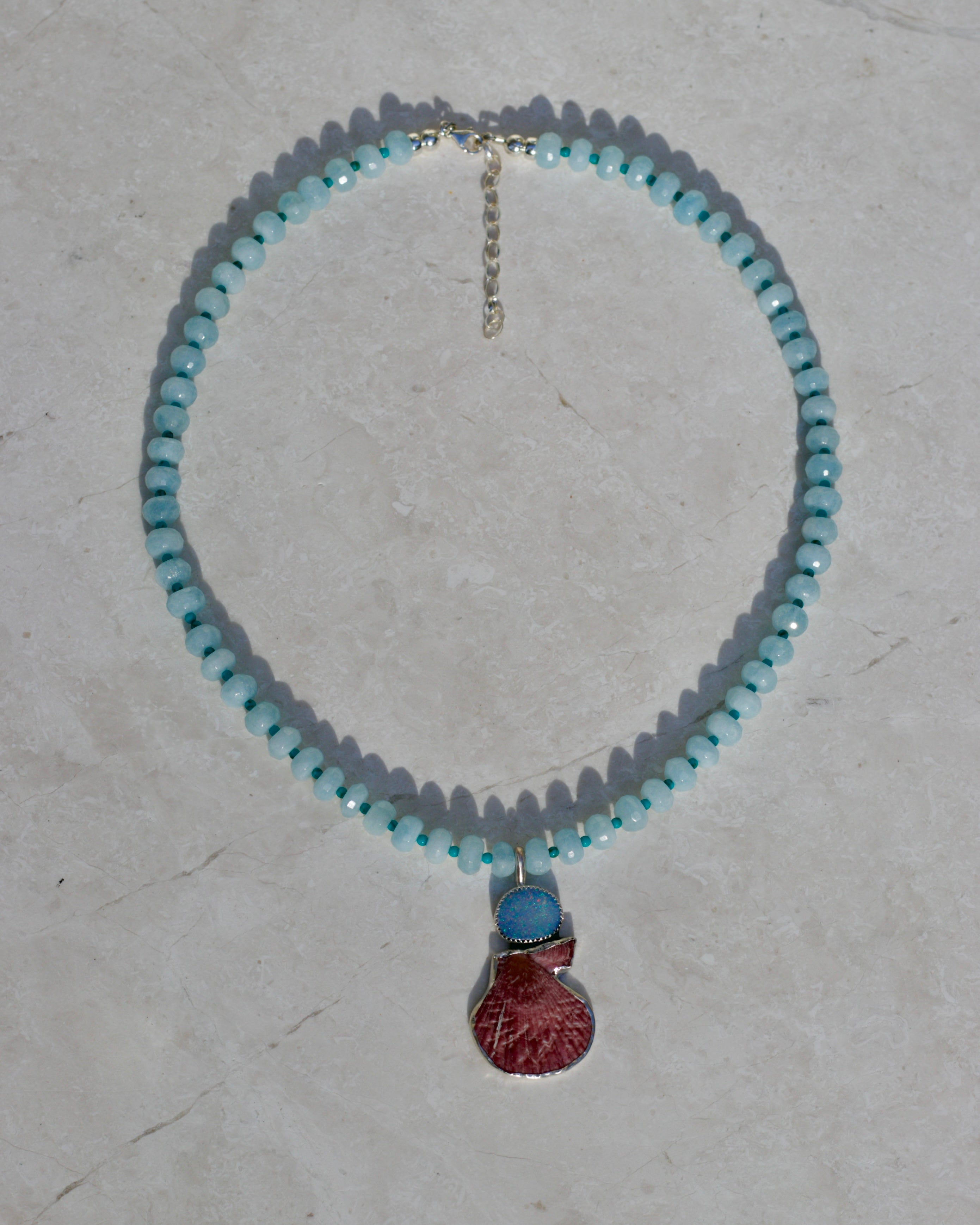 Juicy Aquamarine Beads, Opal and Shell Necklace