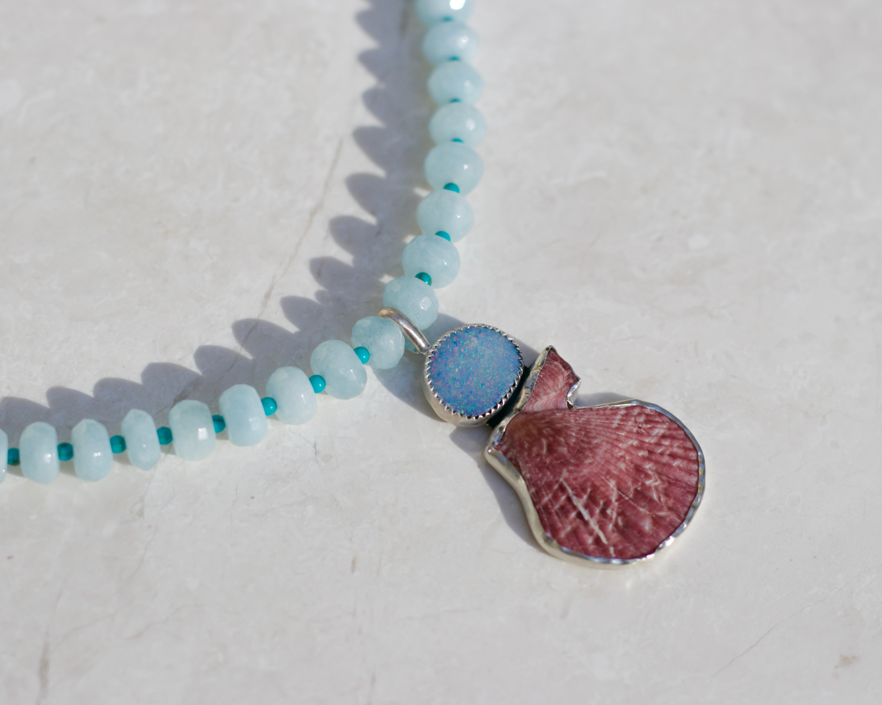 Juicy Aquamarine Beads, Opal and Shell Necklace