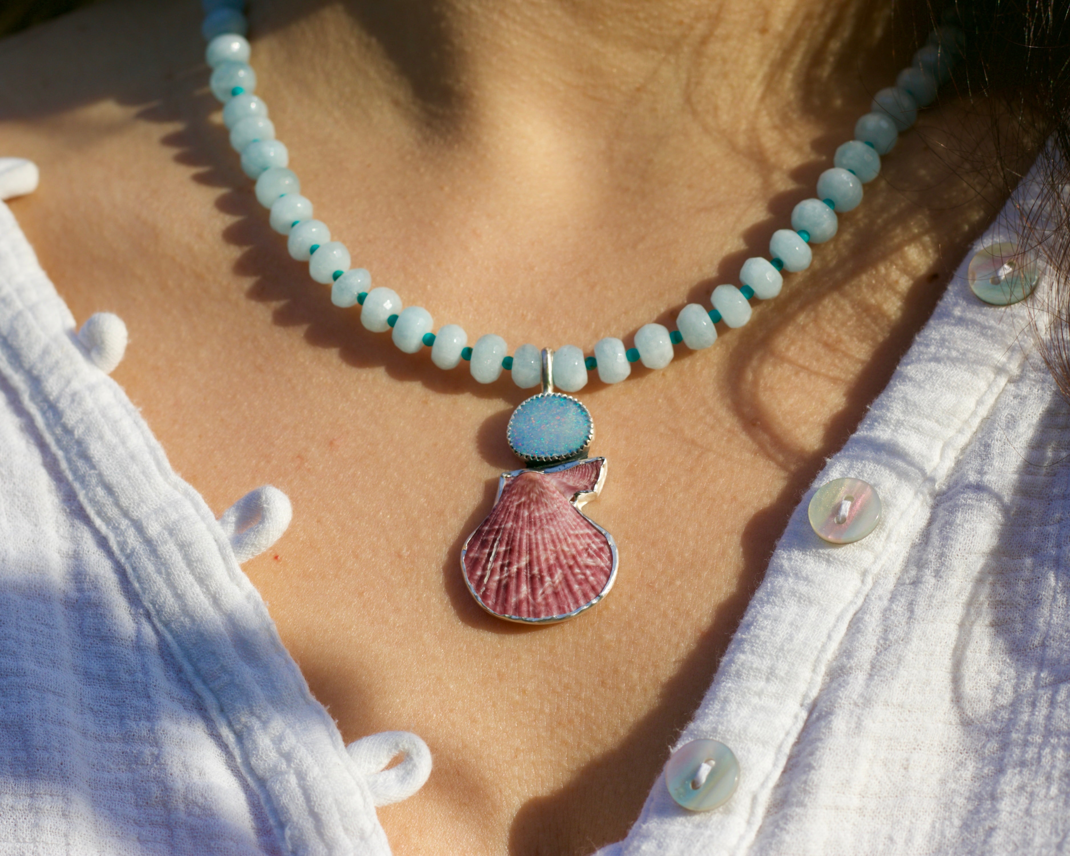 Juicy Aquamarine Beads, Opal and Shell Necklace