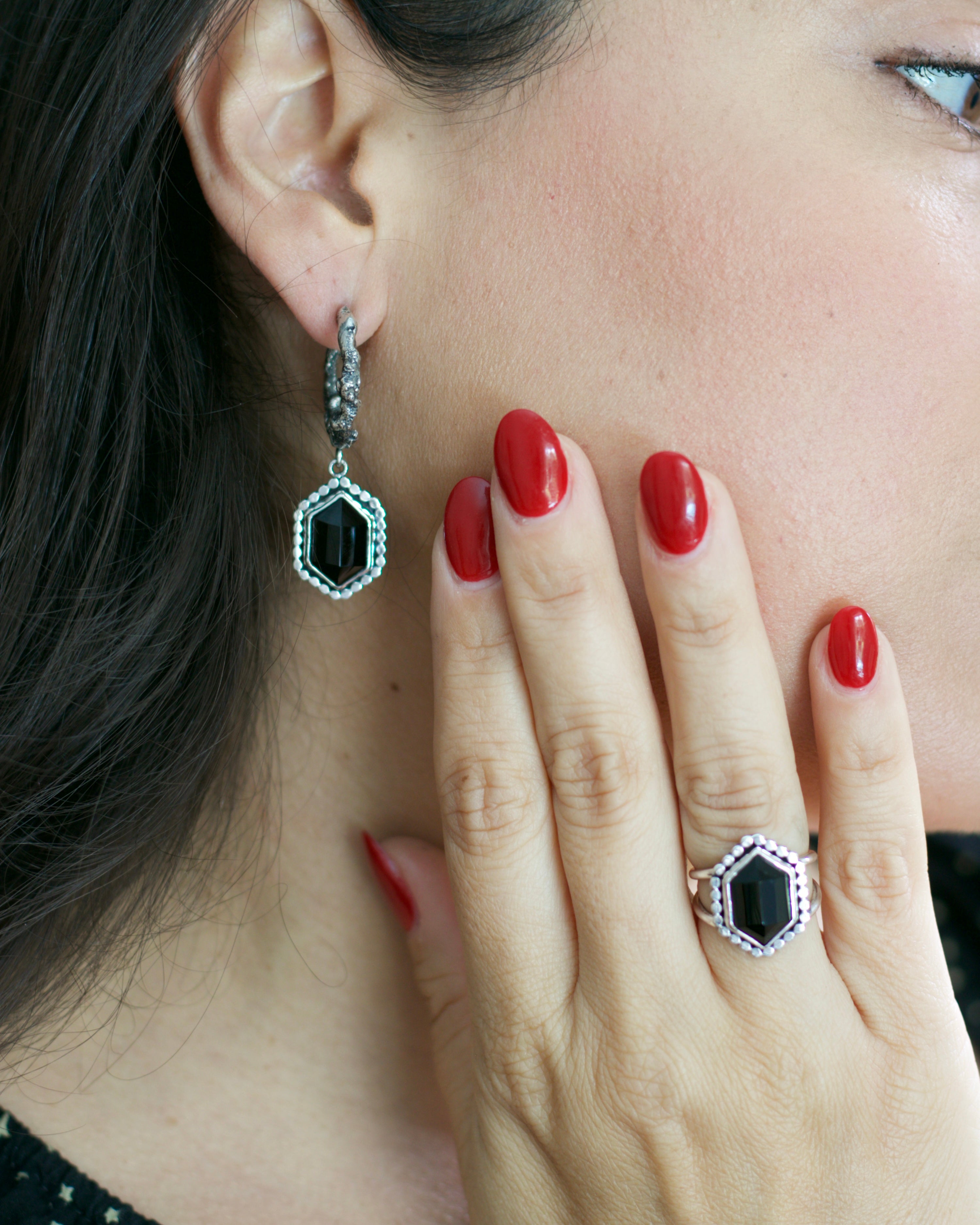 Black Onyx Vamp Hoop Earrings