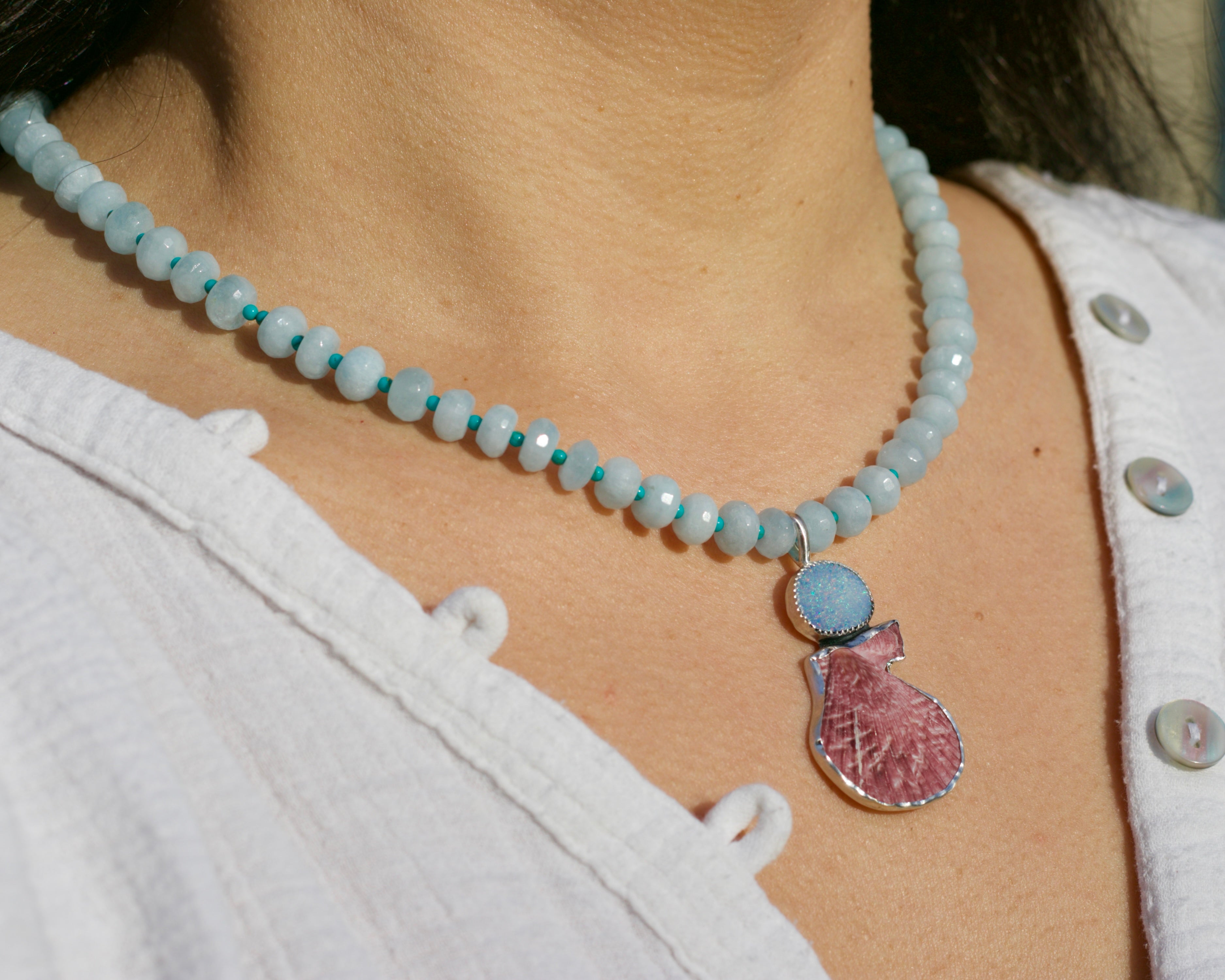 Juicy Aquamarine Beads, Opal and Shell Necklace