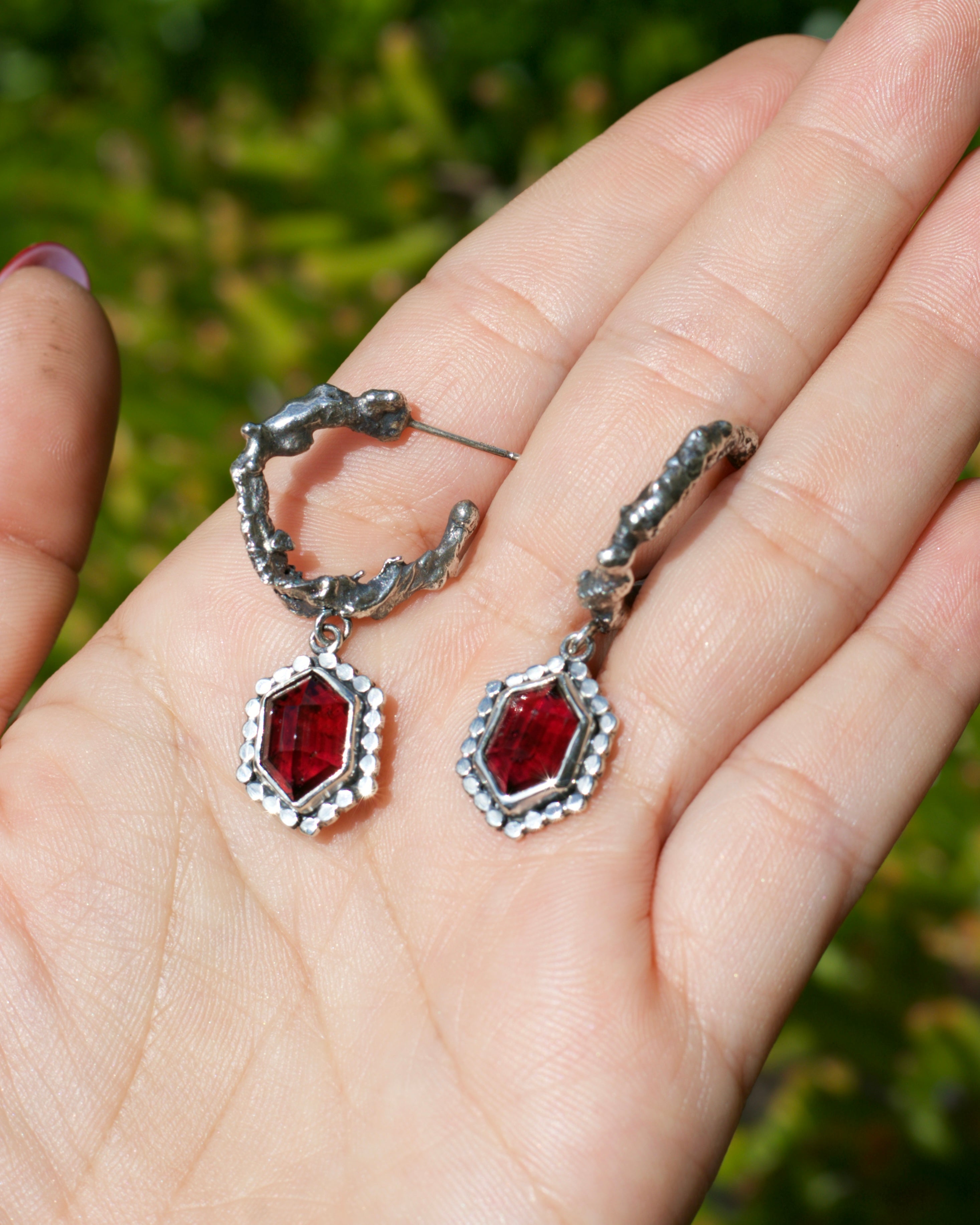 Red Garnet Vamp Hoop Earrings