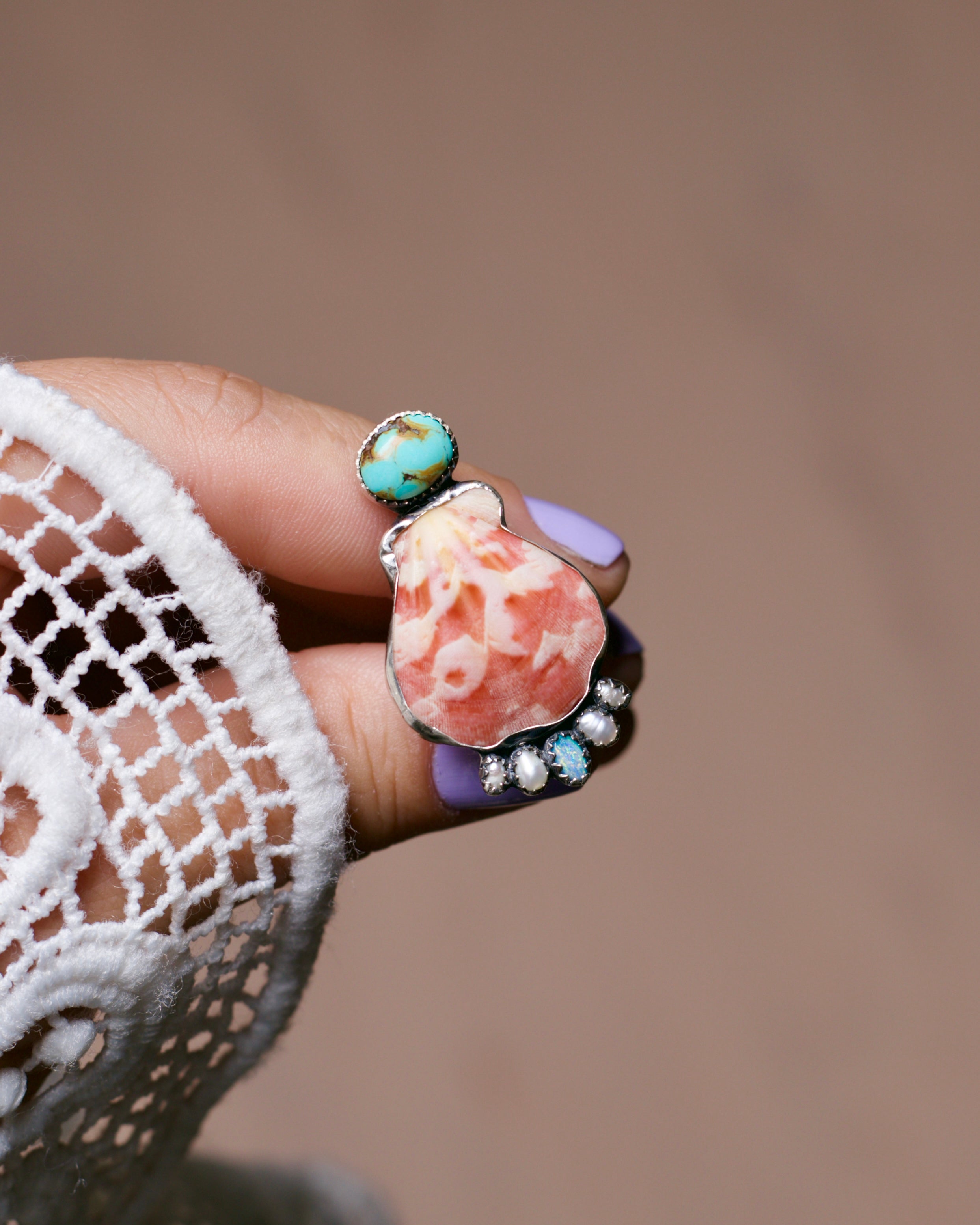 Crowned Ring. Shell, Turquoise, Opal and Fresh Water Pearls.