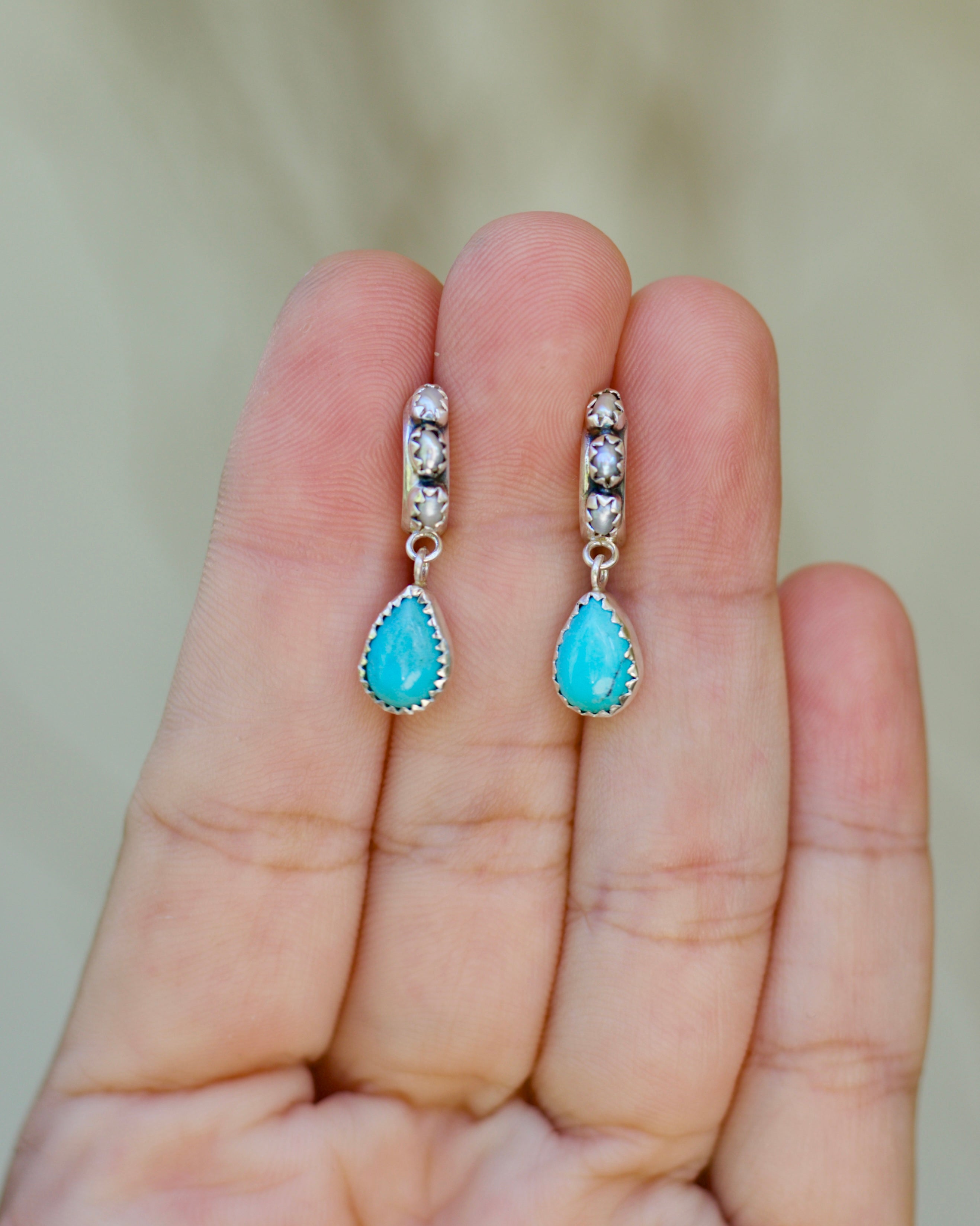 Gota Earrings. Fresh Water Pearls and Turquoise Drops.
