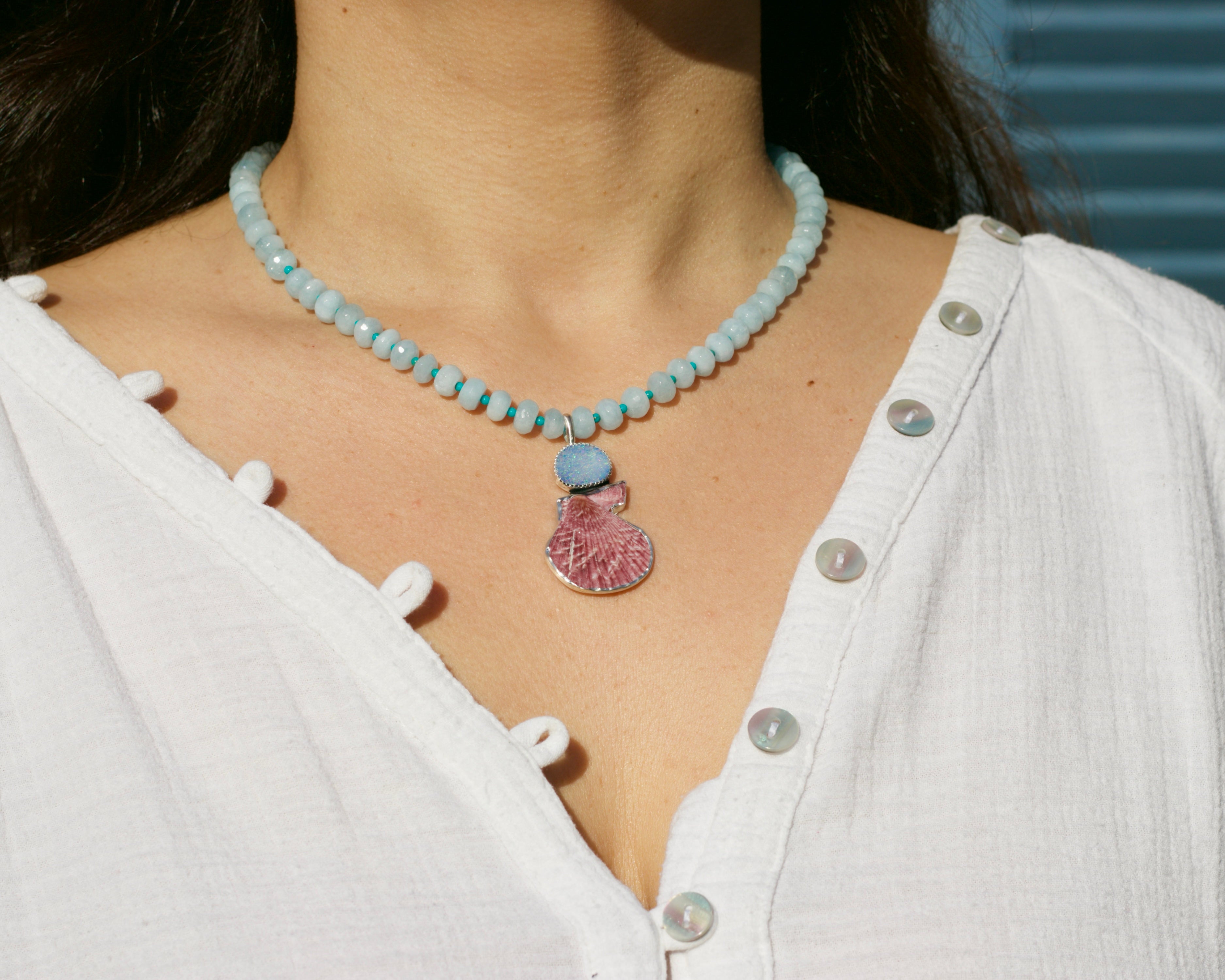 Juicy Aquamarine Beads, Opal and Shell Necklace