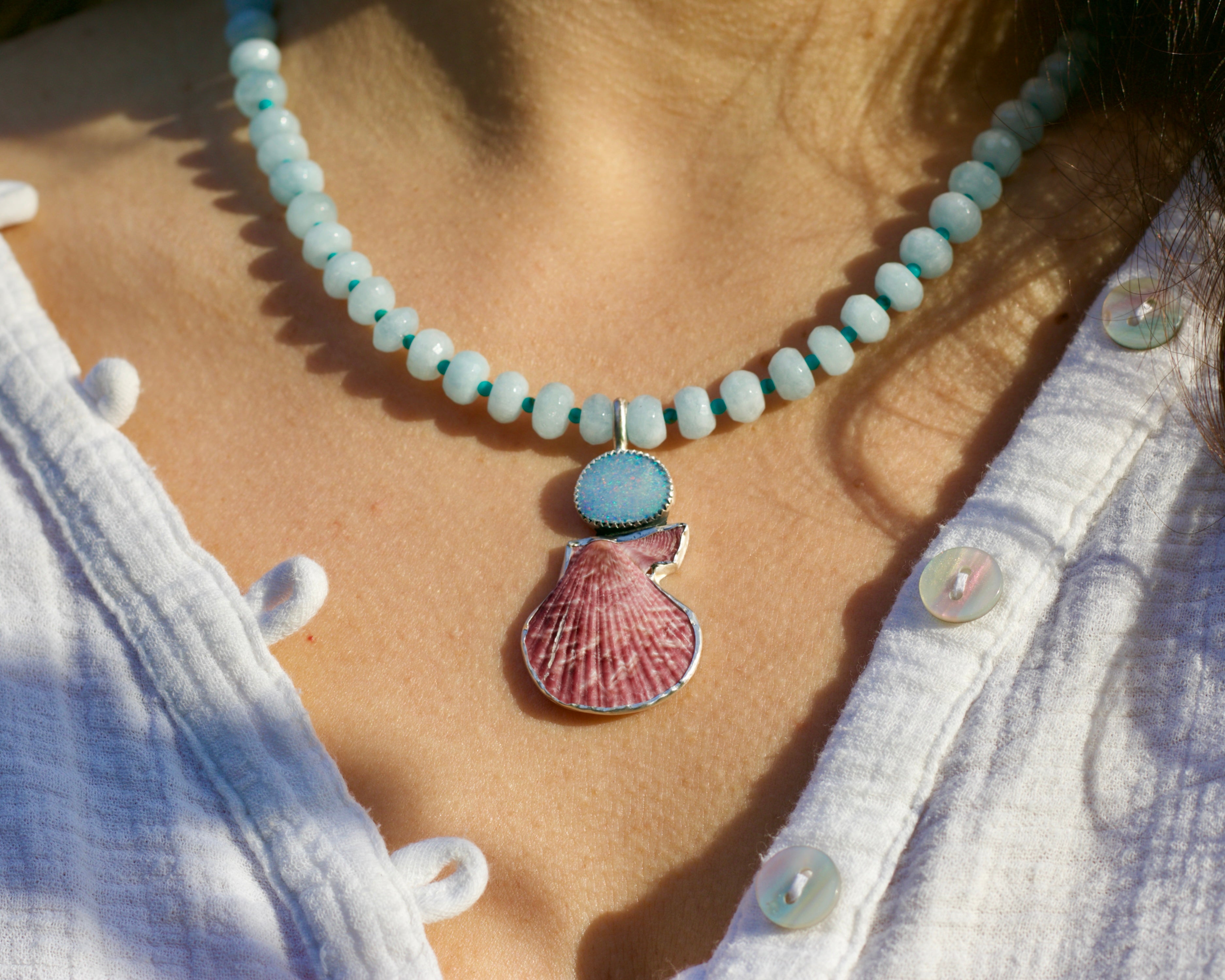Juicy Aquamarine Beads, Opal and Shell Necklace