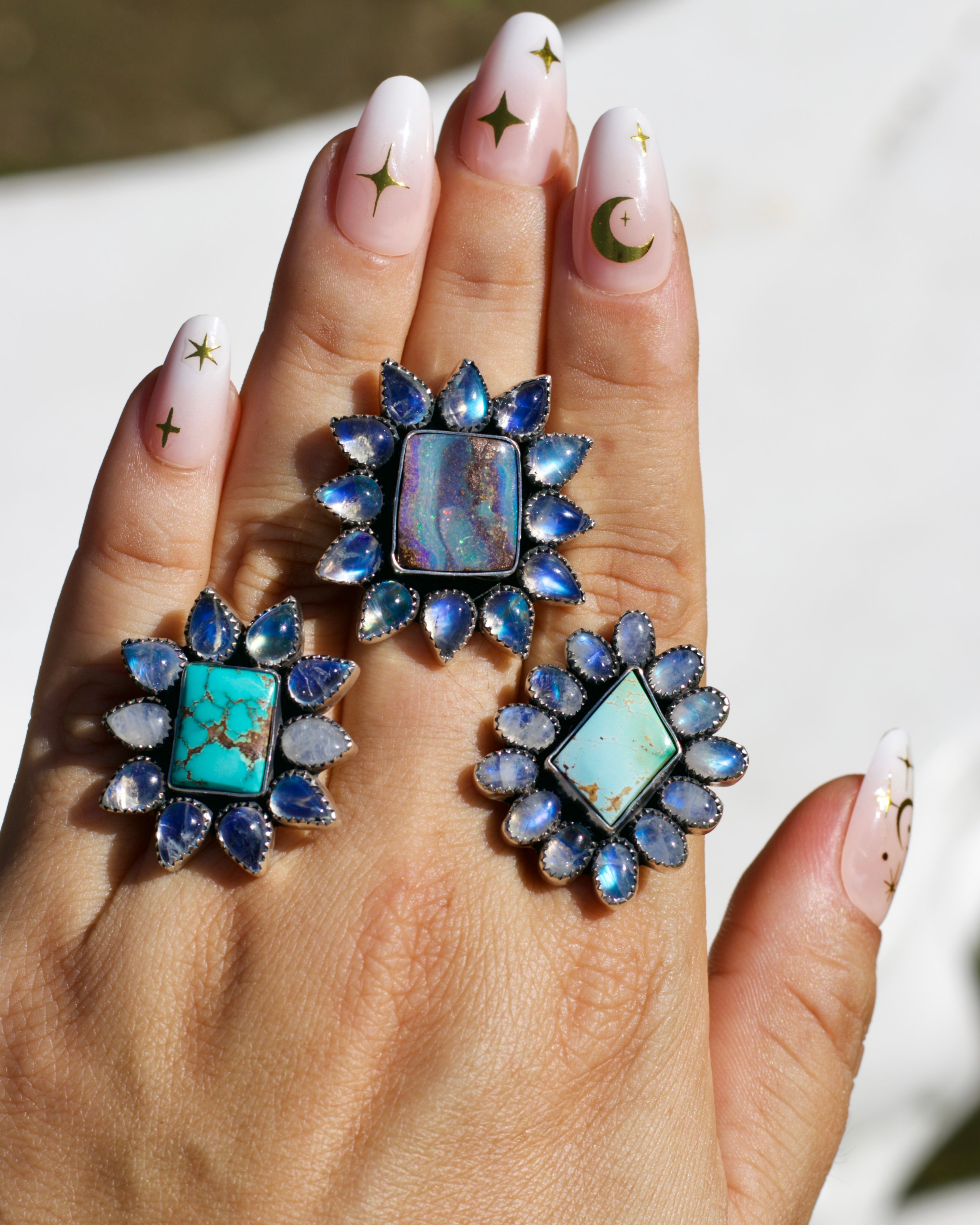 Moonlight Ring. Rainbow Moonstone and Pilot Mountain Turquoise. To be finished on your size