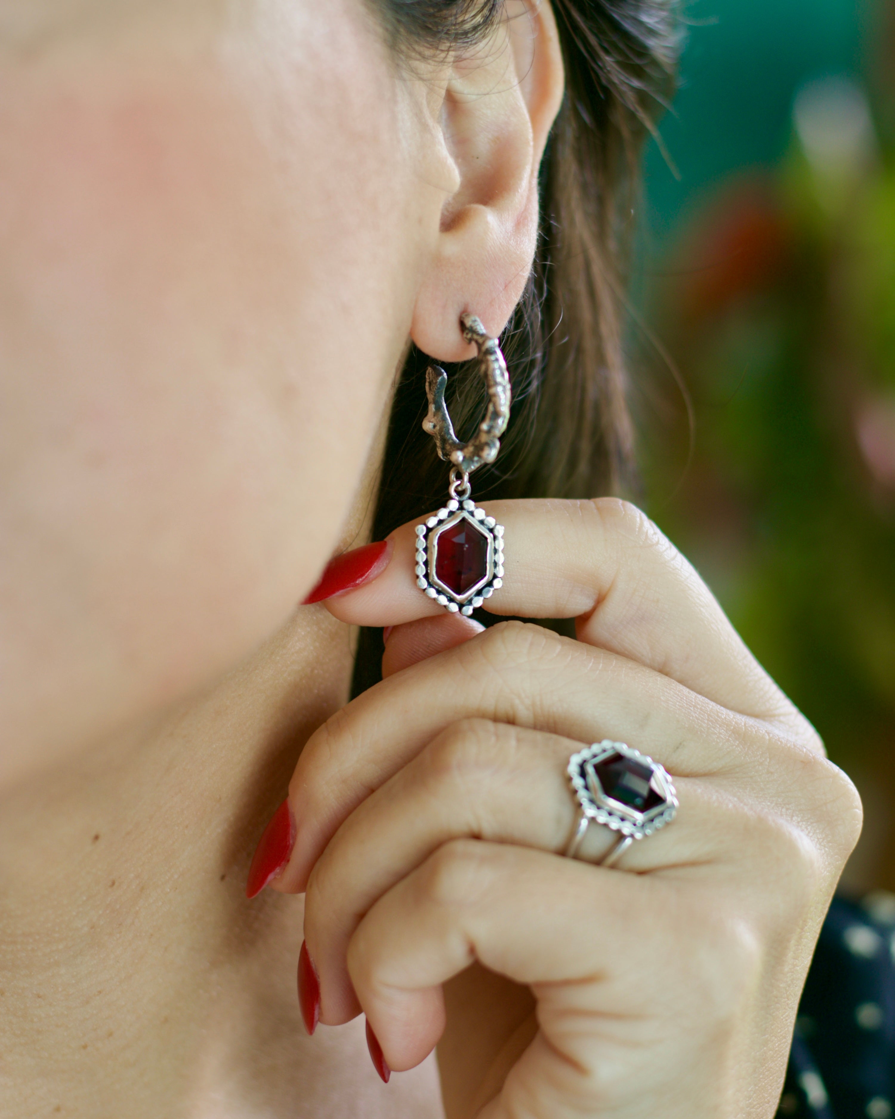 Red Garnet Vamp Hoop Earrings