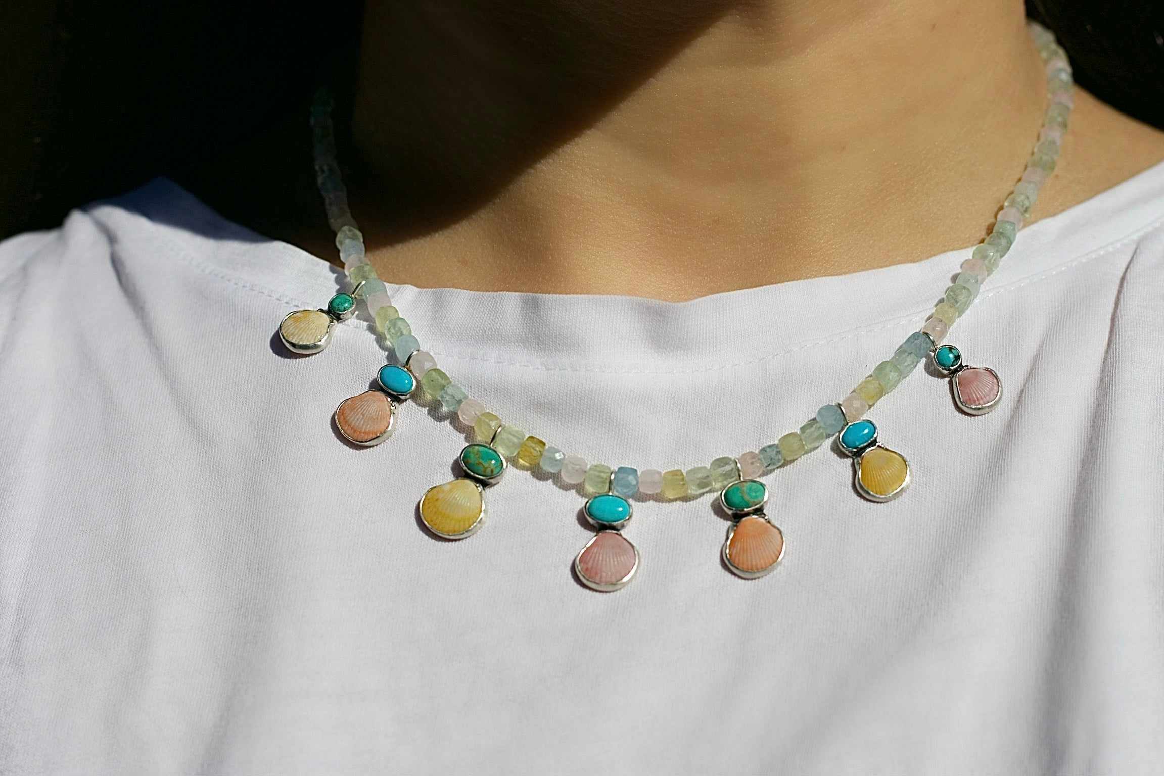 Summer Dreaming. Pink Opal in Turquoise and Shell Necklace
