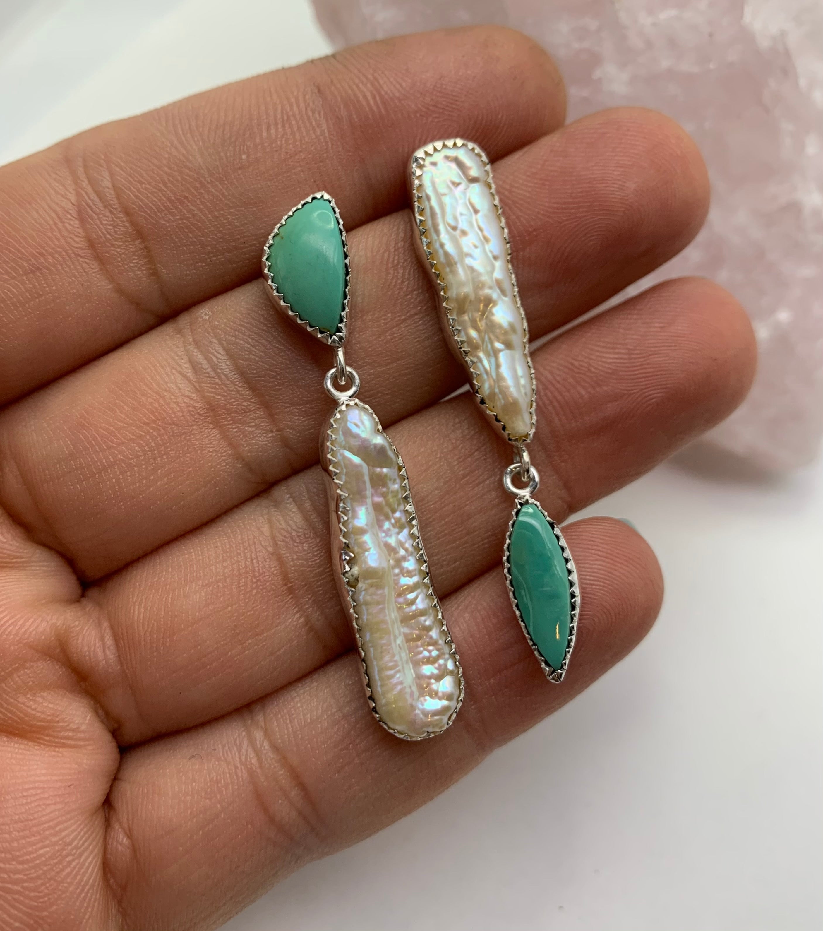 Mismatched Fresh Water Pearl and Turquoise Drop Earrings