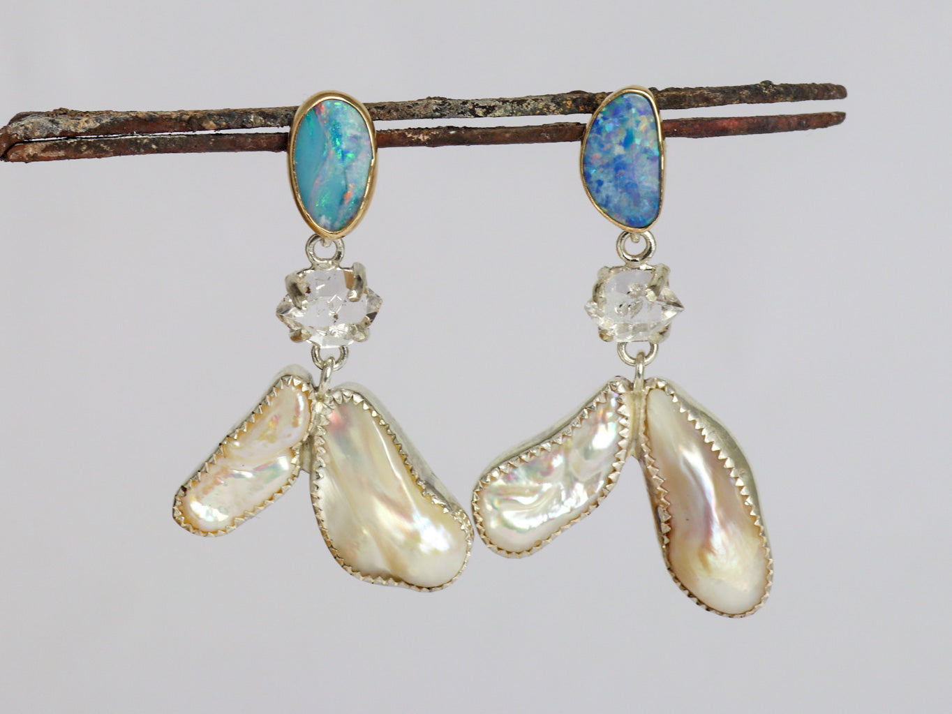 14k gold opal and sterling Herkimer and Fresh Water Pearl Earrings.