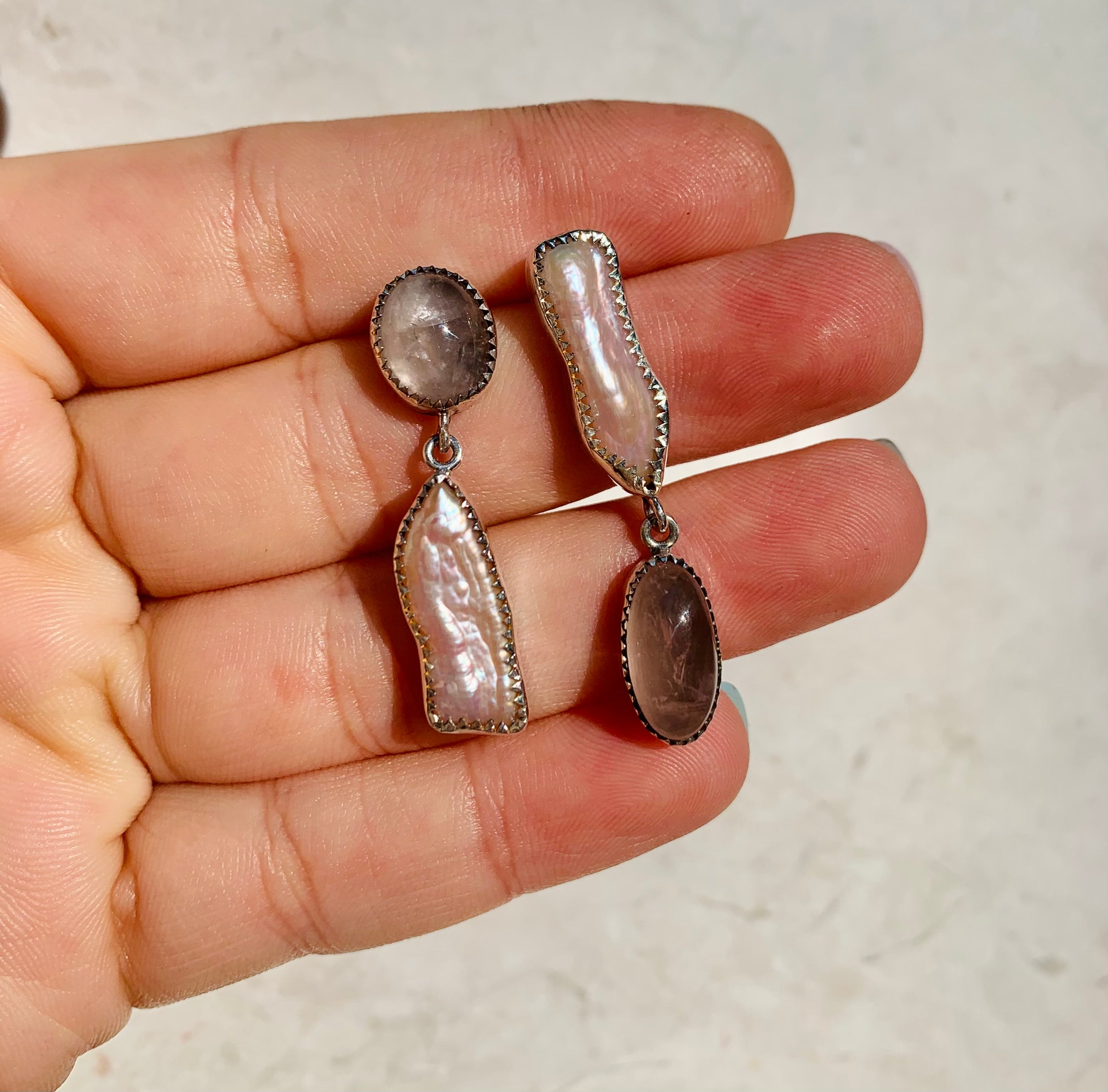 Mismatched Pink Fresh water Pearls and Rose Quartz Earrings