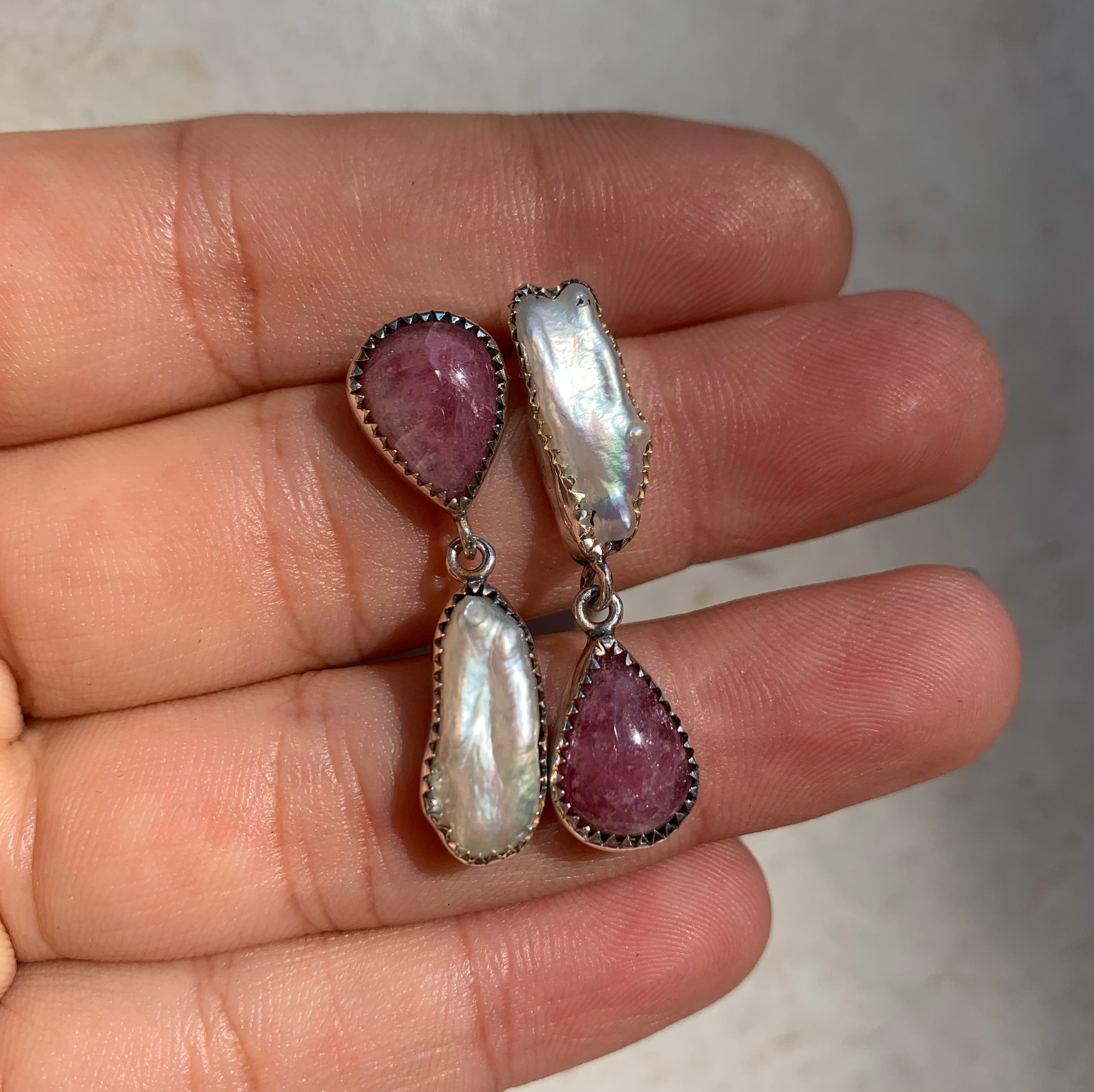 Mismatched Fresh water Pearls and Pink Tourmaline Earrings