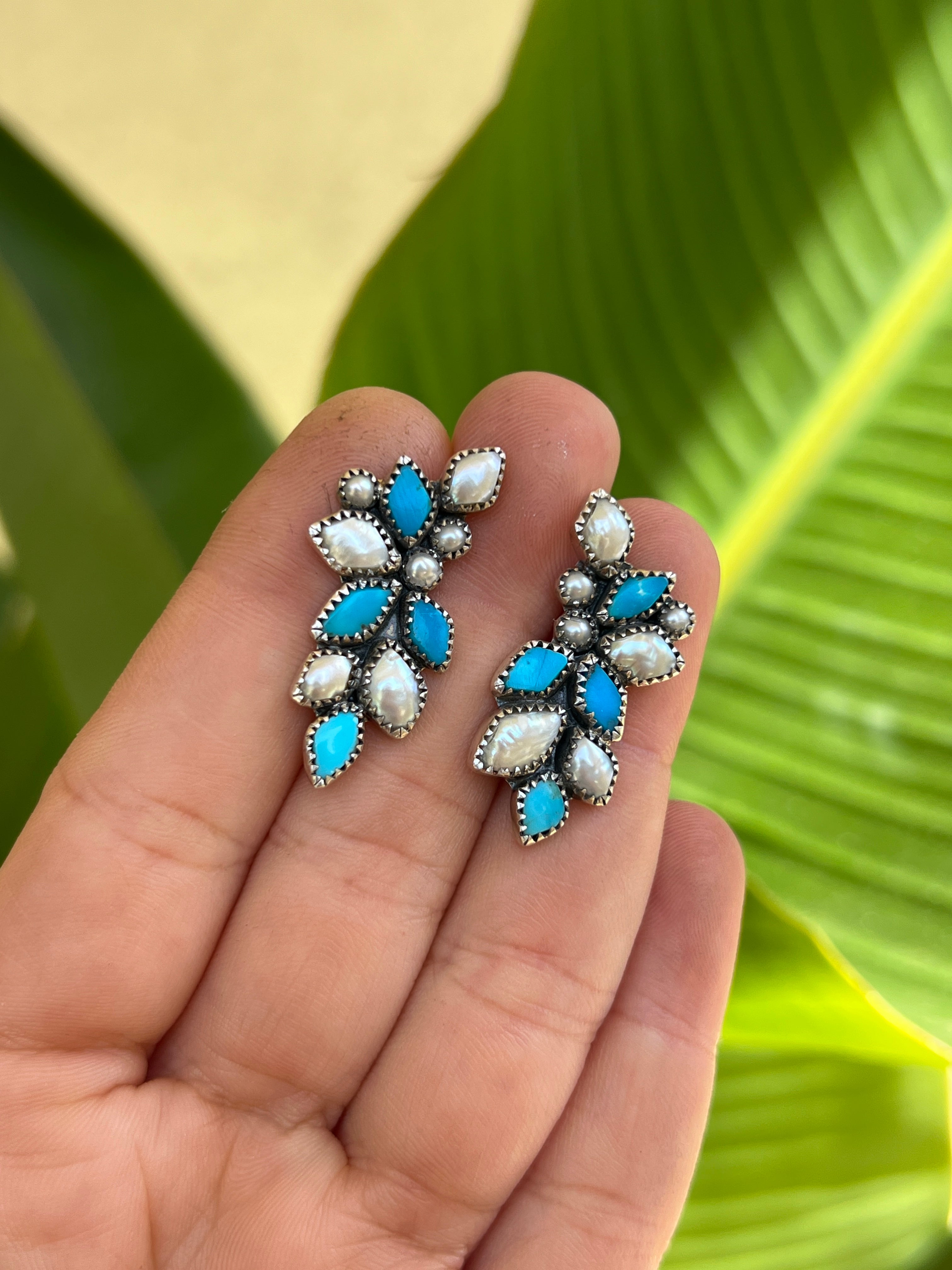 Turquoise and Pearl Dreaming Climber and Drop Earrings