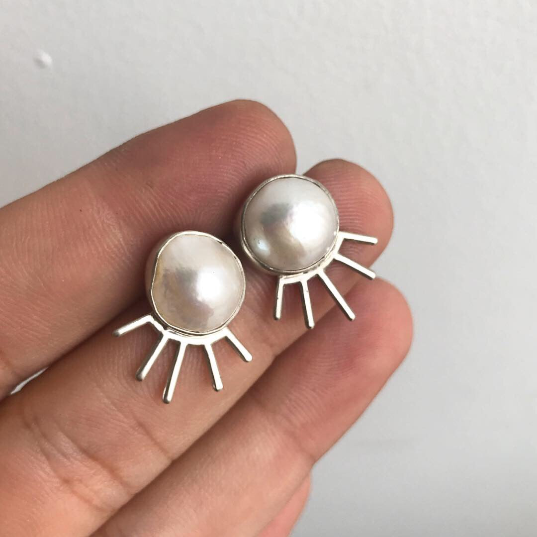 Spike Studs Pair - Turquoise or Fresh Water Pearl