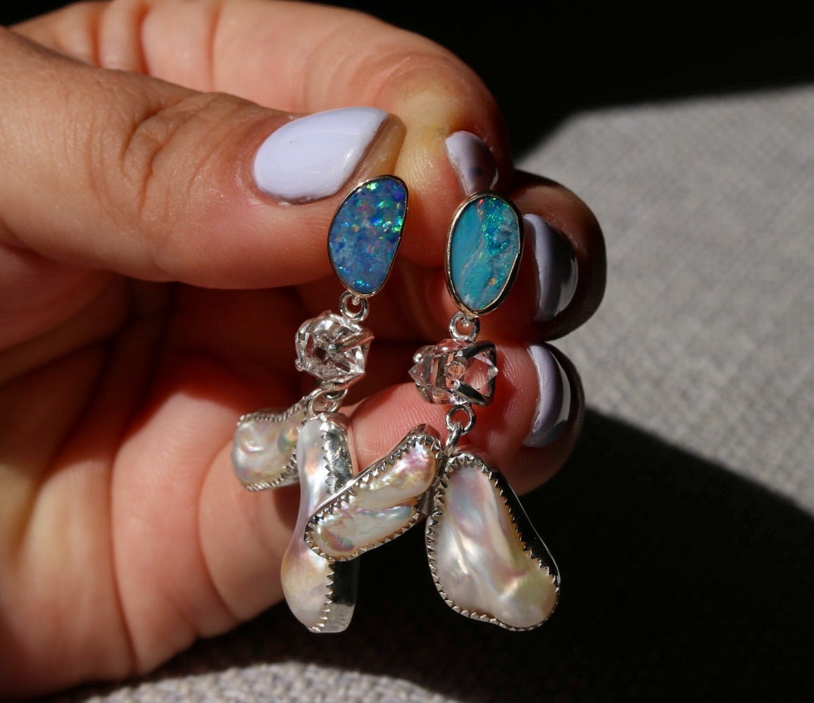 14k gold opal and sterling Herkimer and Fresh Water Pearl Earrings.