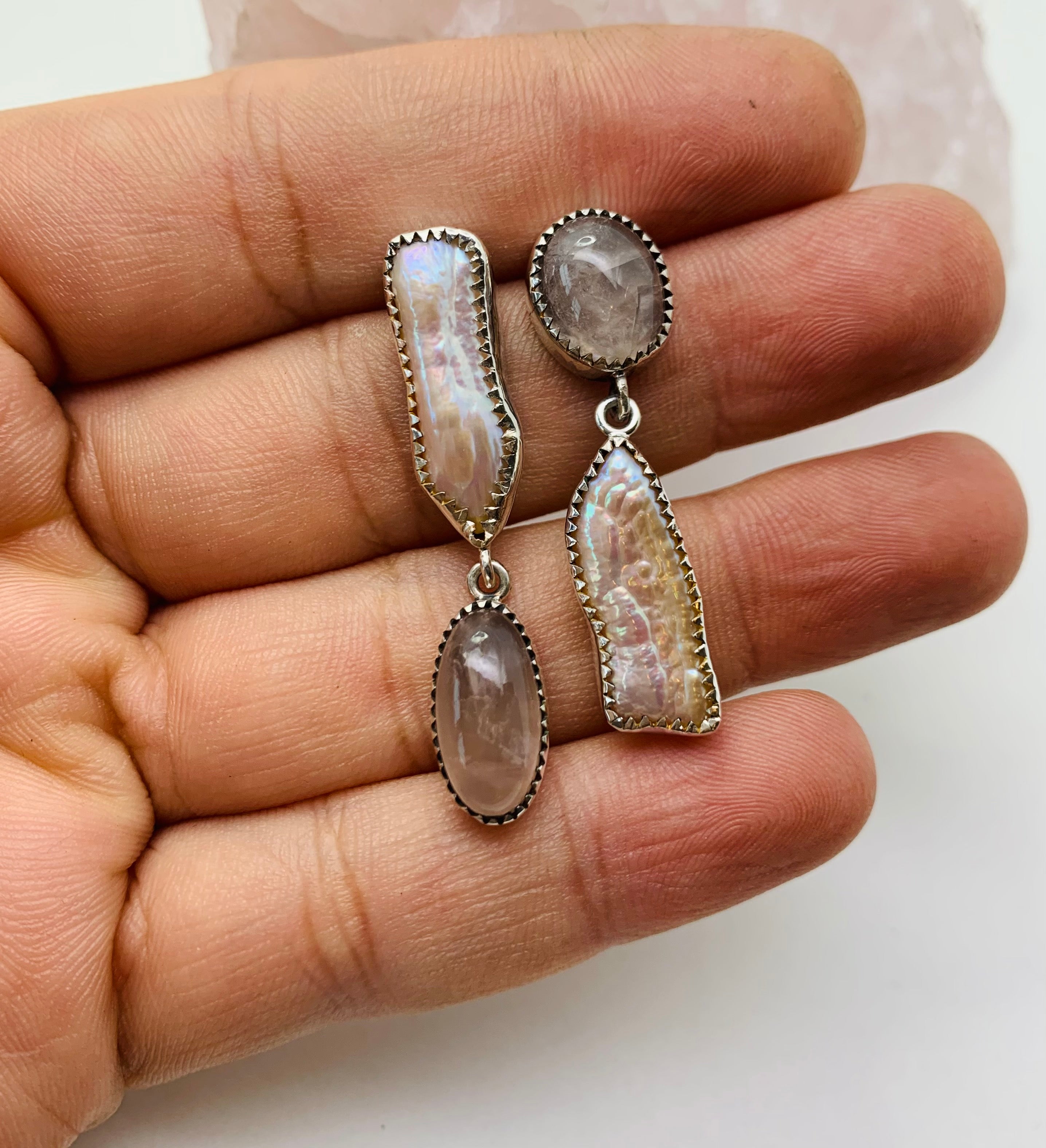 Mismatched Pink Fresh water Pearls and Rose Quartz Earrings