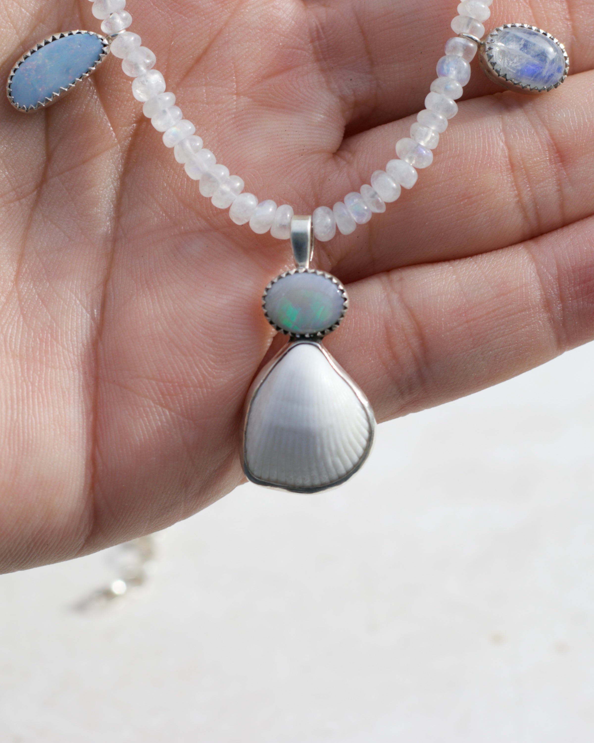 Raibown Moonstone Mermaid Necklace Opal and Shell in Silver