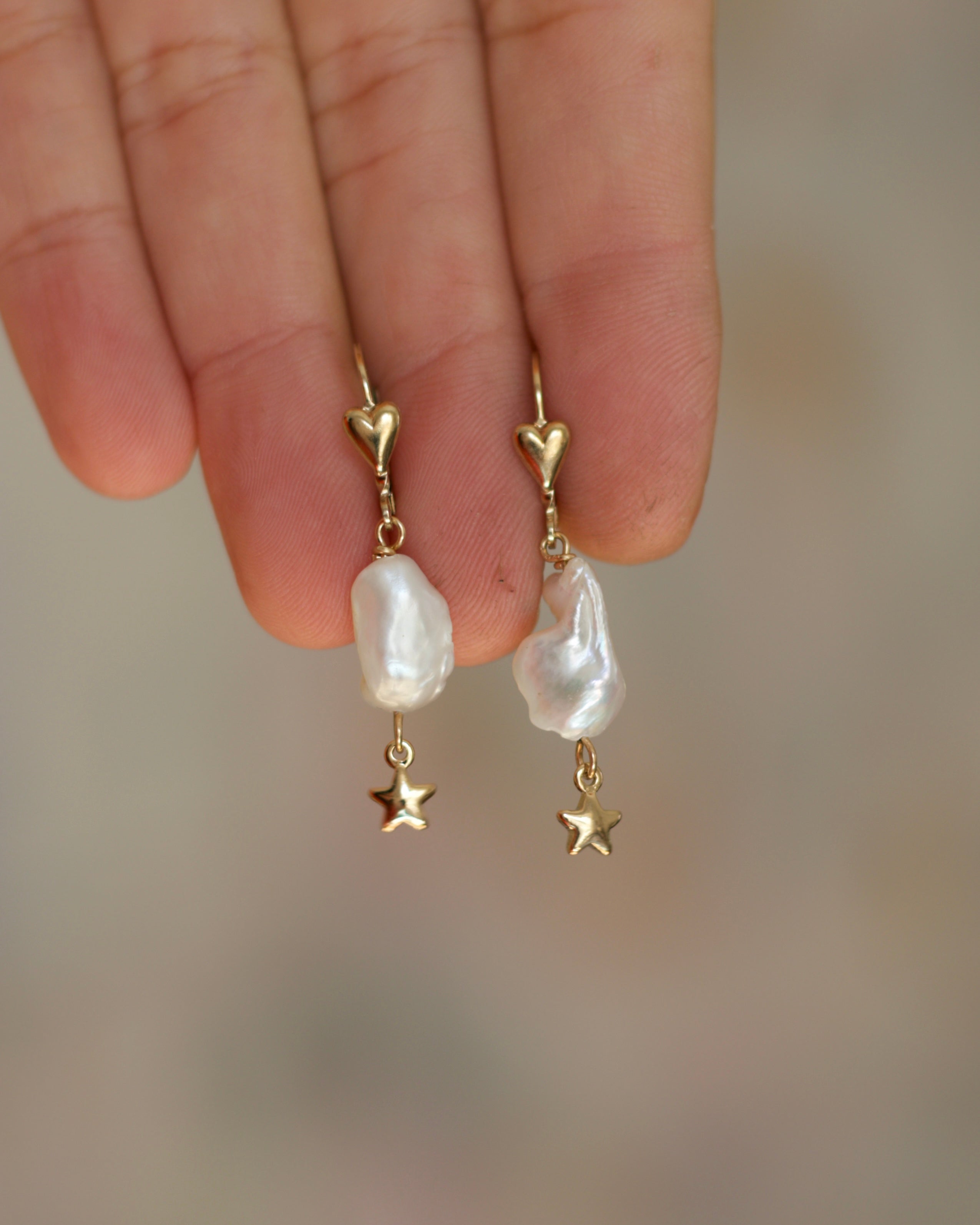 Gold Heart Lever-Back Earring with Fresh Water Pearl and Star