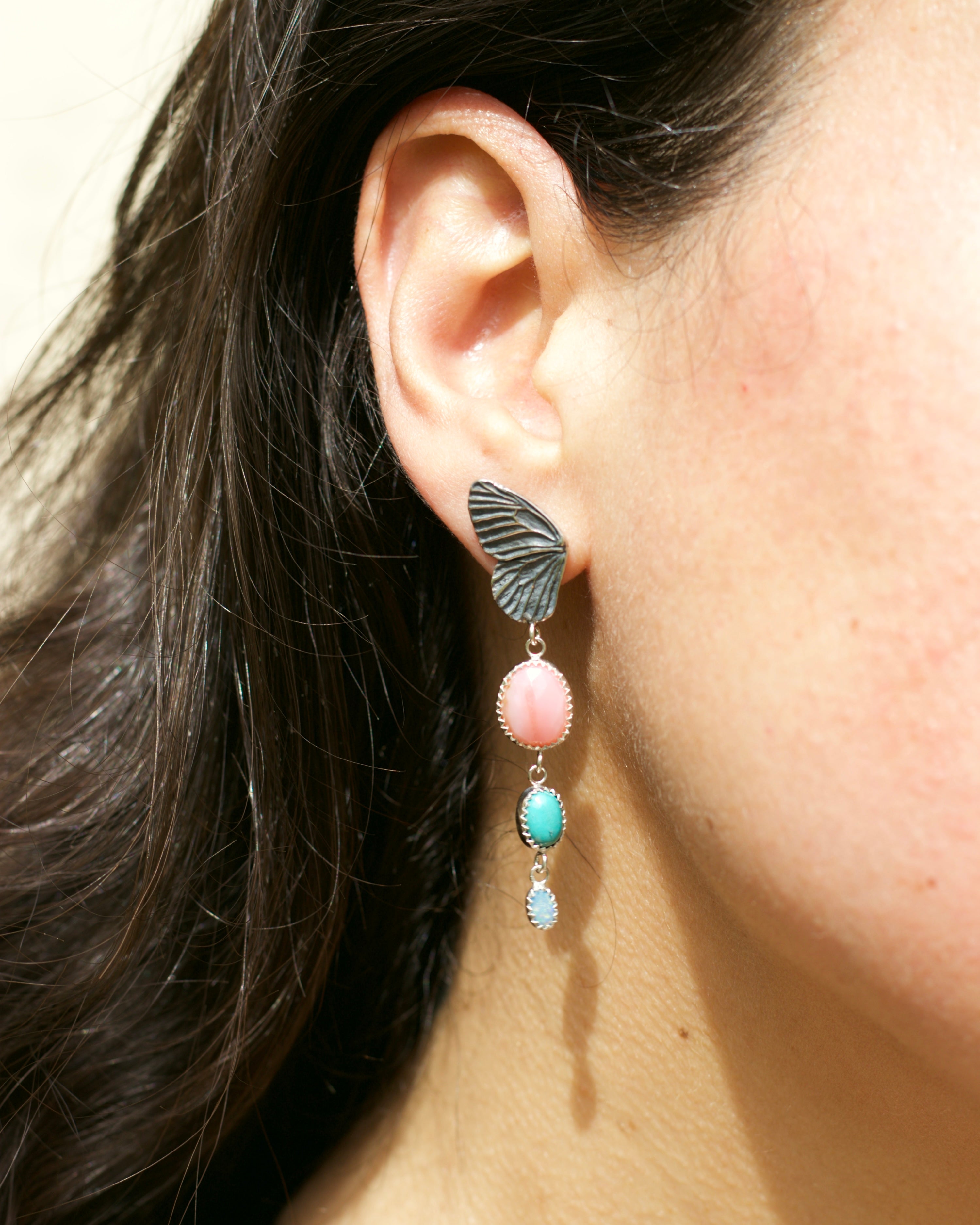 Butterfly Pink Opal, Opal and Turquoise Earrings