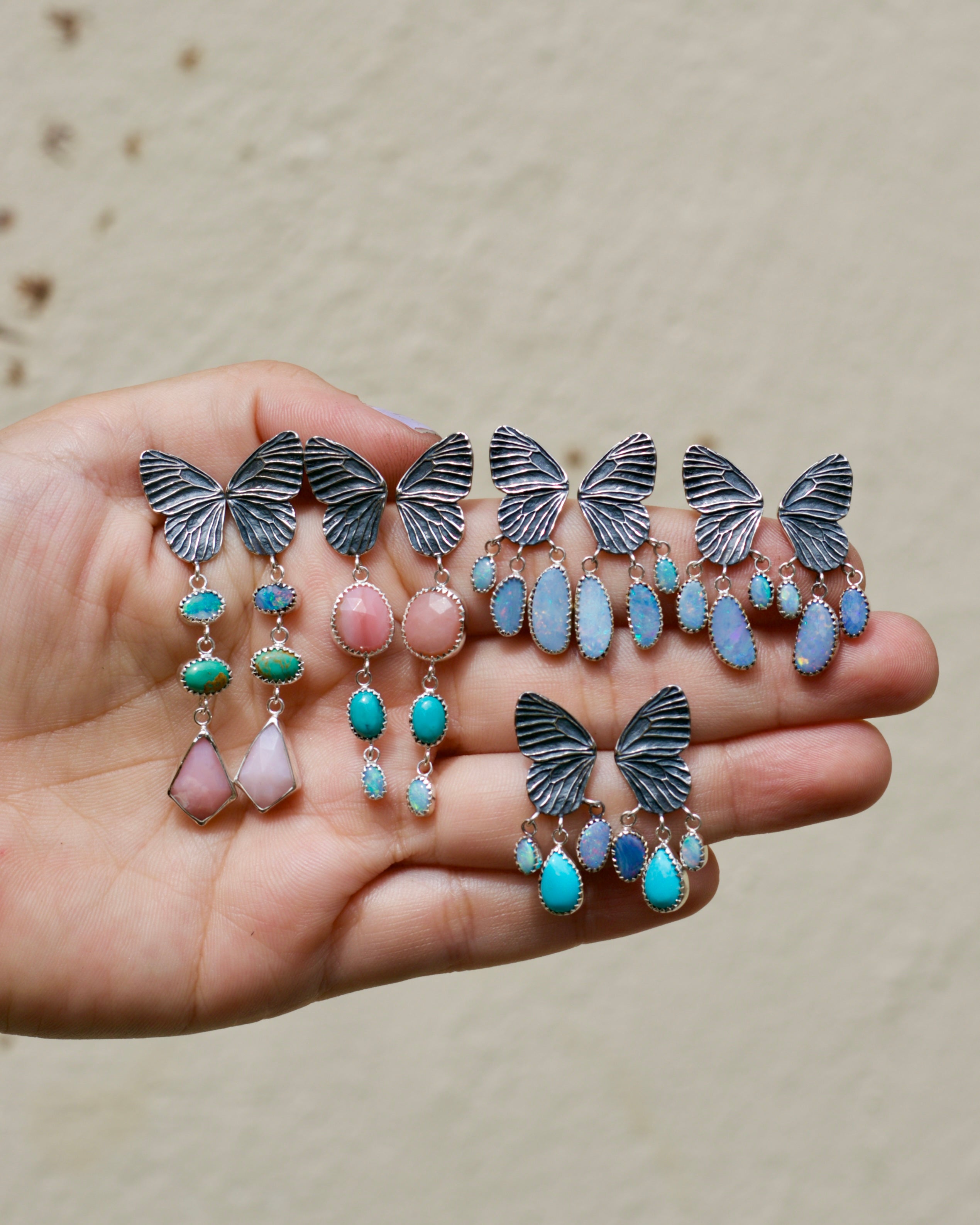 Butterfly Pink Opal, Opal and Turquoise Earrings