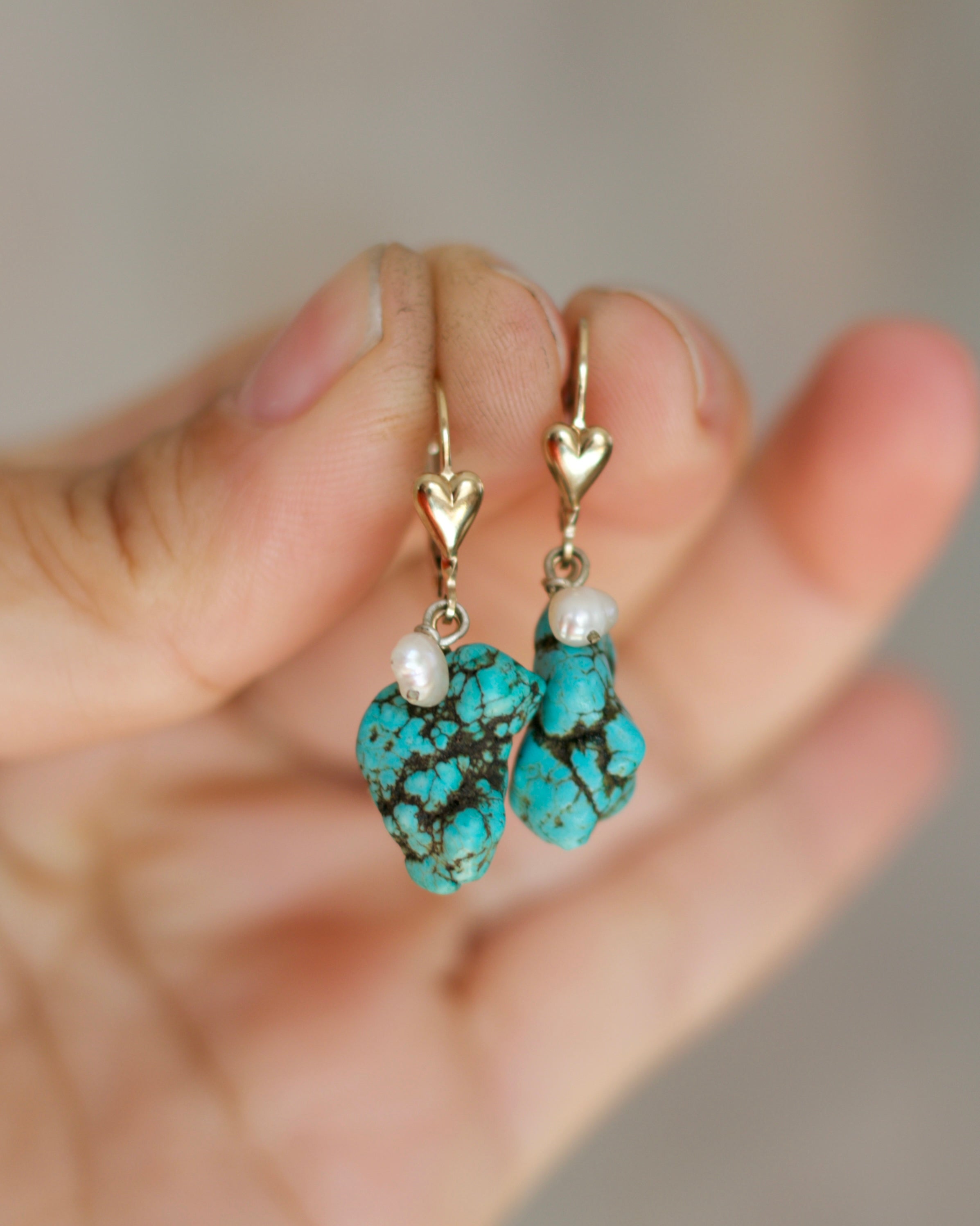 Gold Heart Lever-Back Earring with Turquoise Nugget &amp; Fresh Water Pearl