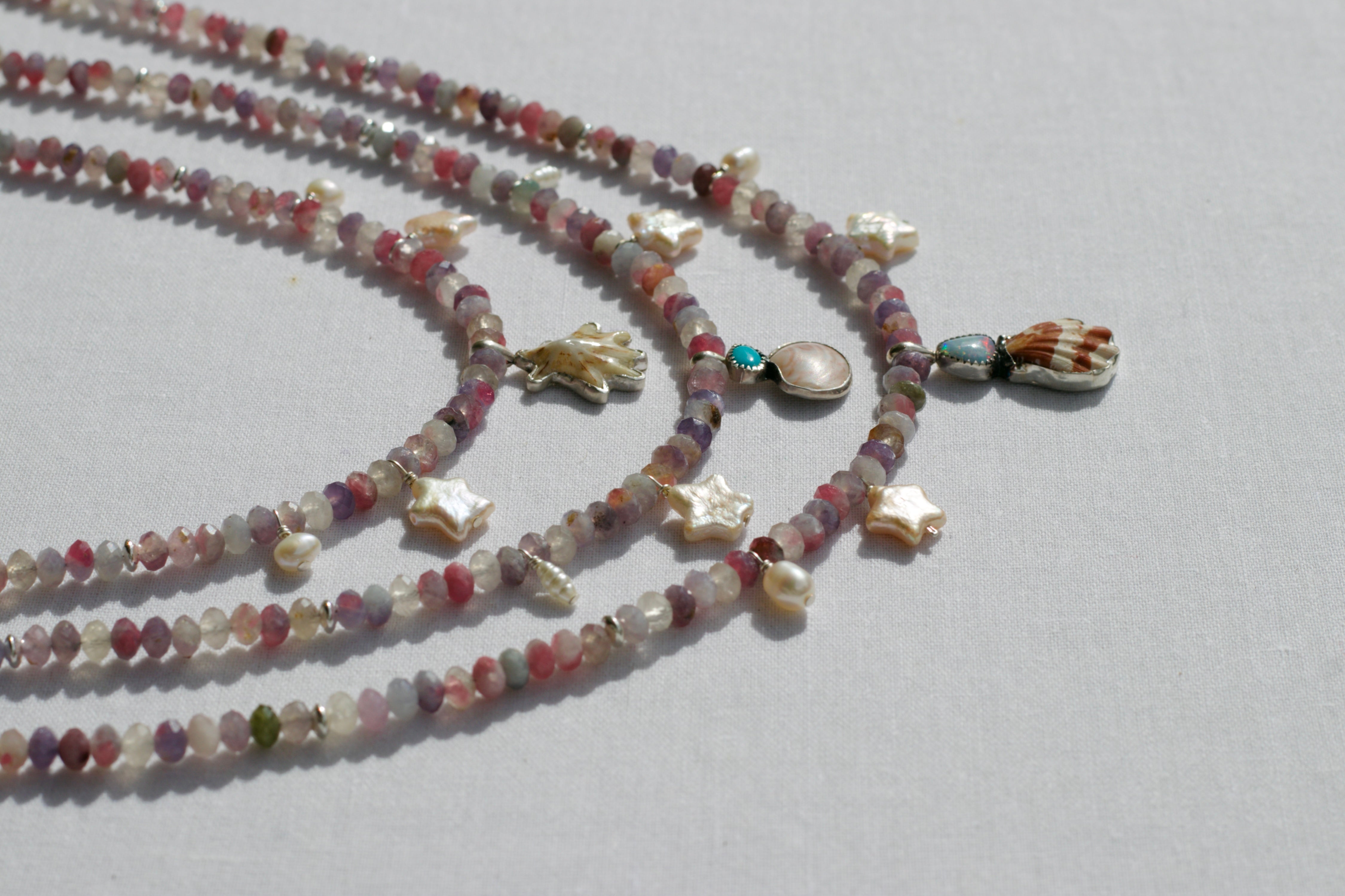 Plum Tourmaline Mermaid Necklace Opal and Shell in Silver