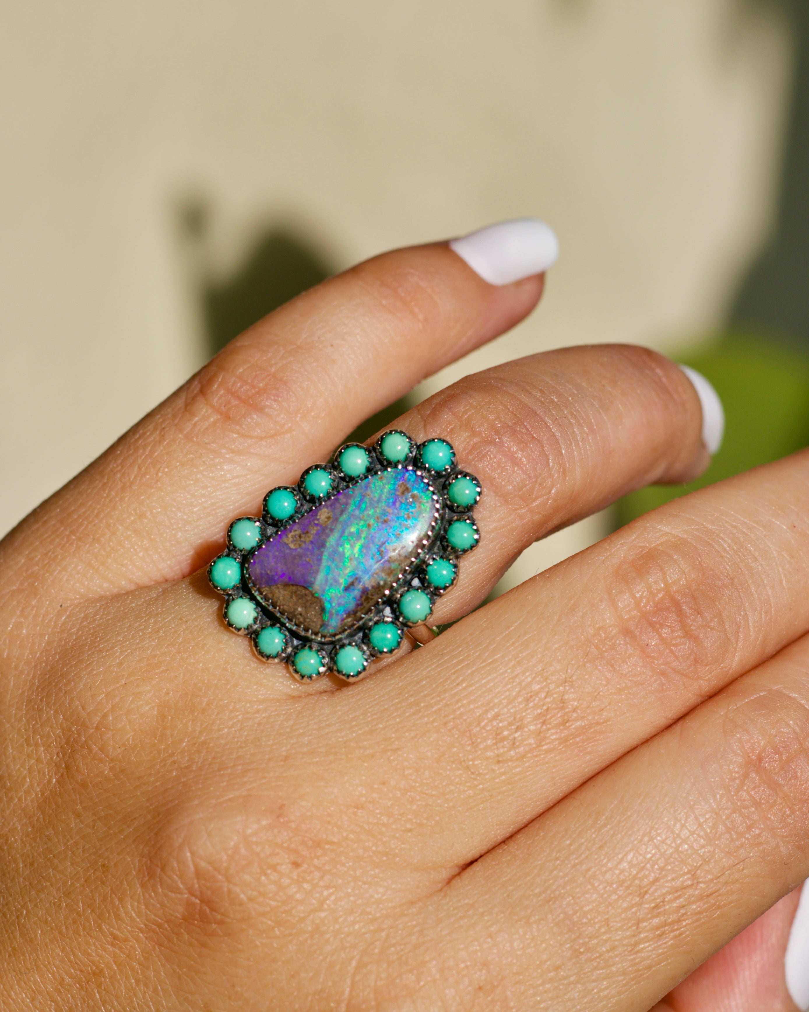 Opal and Turquoise Cluster Princess ring