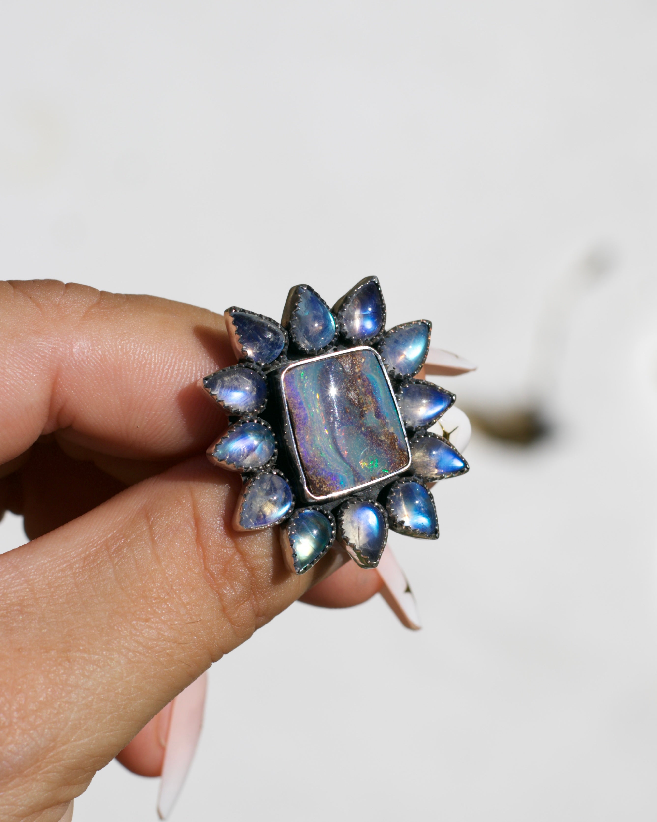 Moonlight Ring. Rainbow Moonstone and Boulder Opal. To be finished on your size
