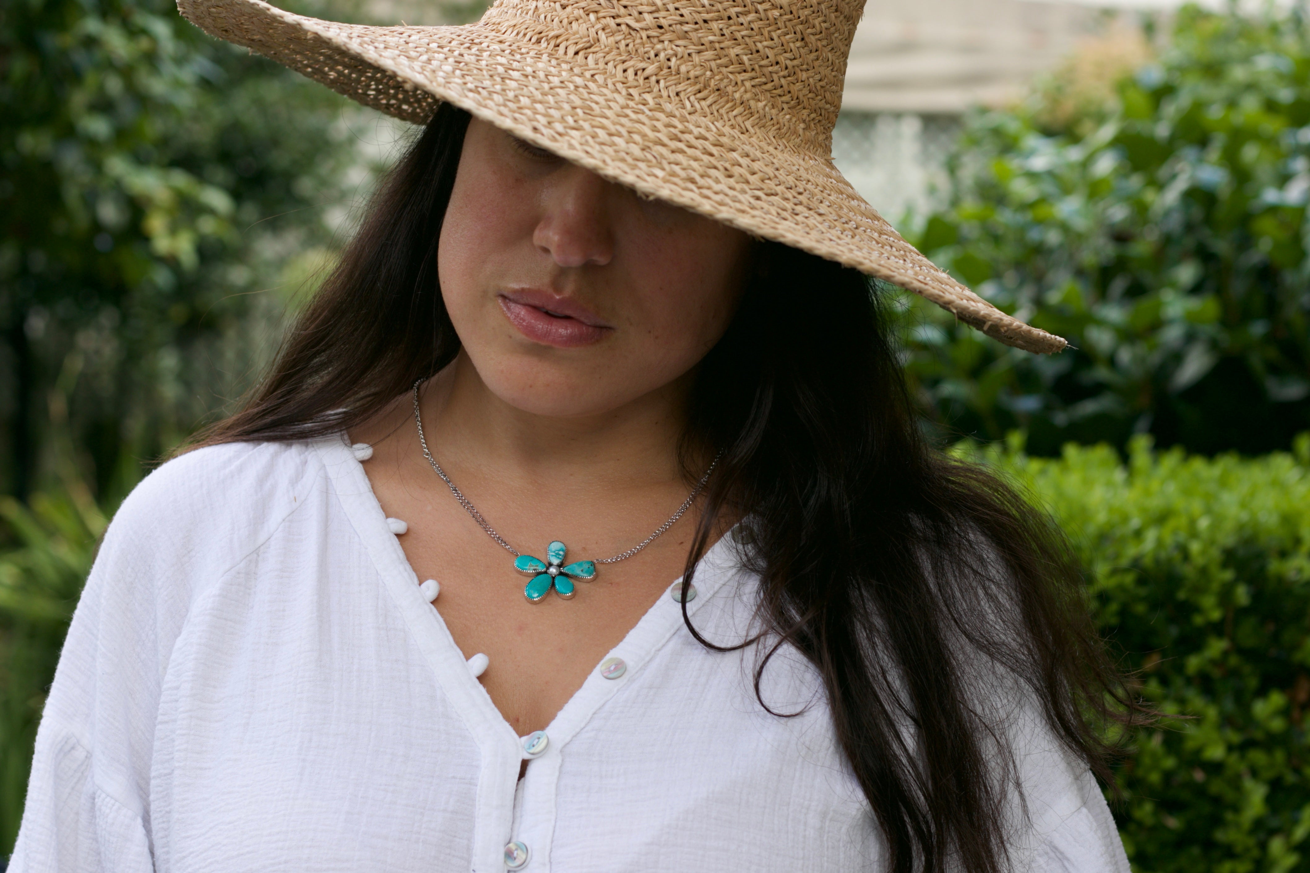 Wild Flower Necklace in Turquoise and Pearl