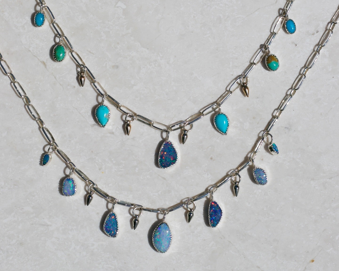 Turquoise and Opal Bells Necklace (with handmade chain)