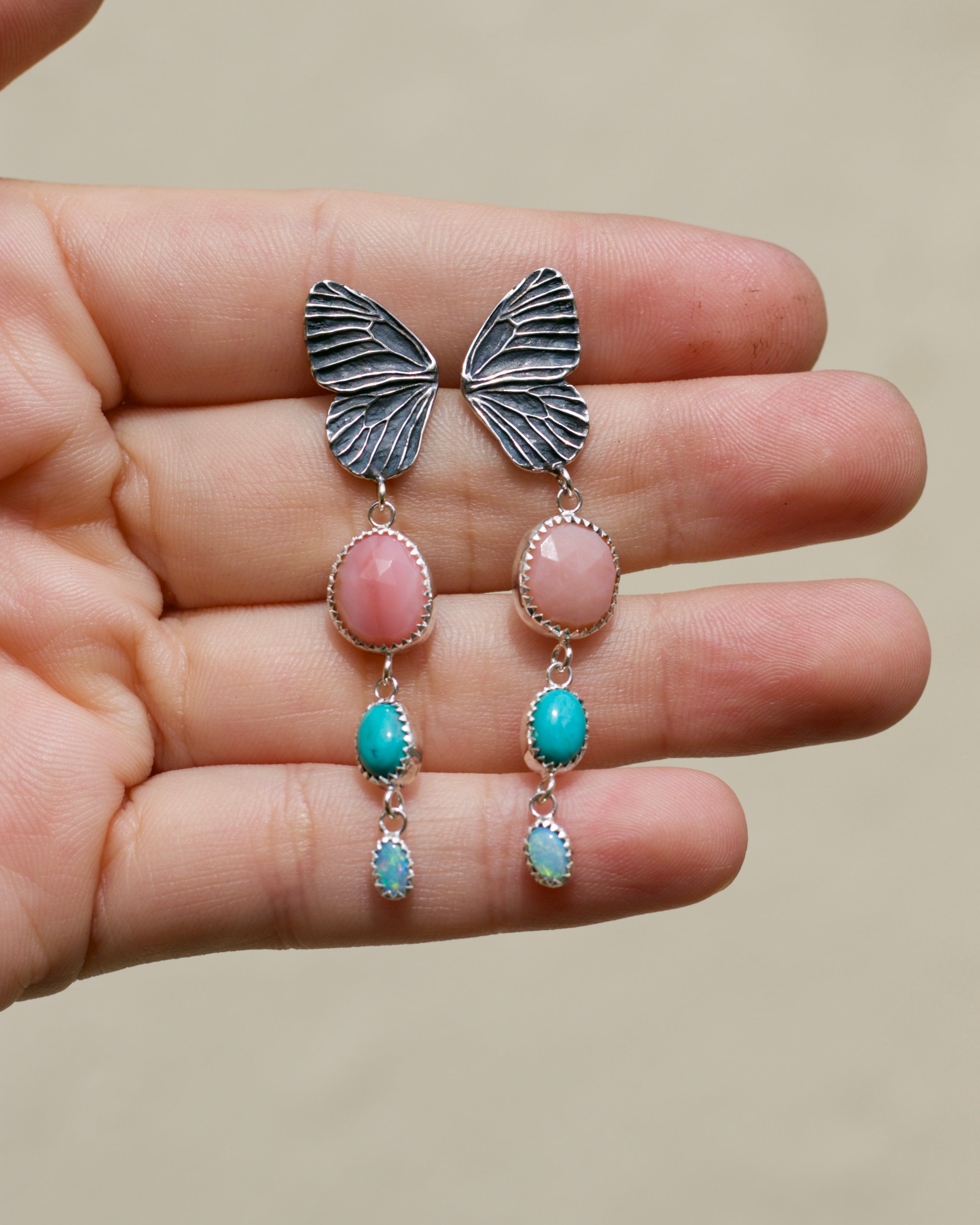 Butterfly Pink Opal, Opal and Turquoise Earrings