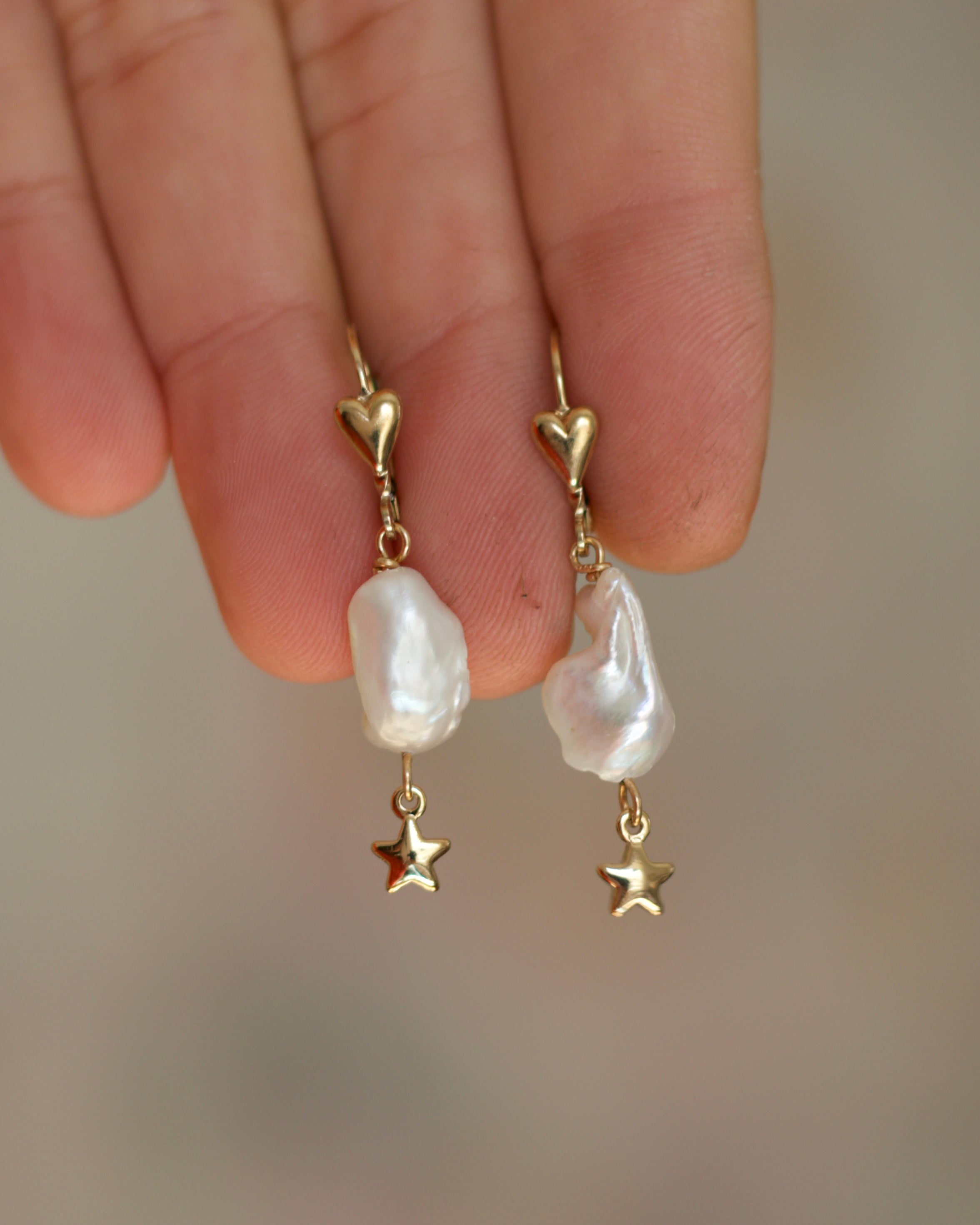 Gold Heart Lever-Back Earring with Fresh Water Pearl and Star
