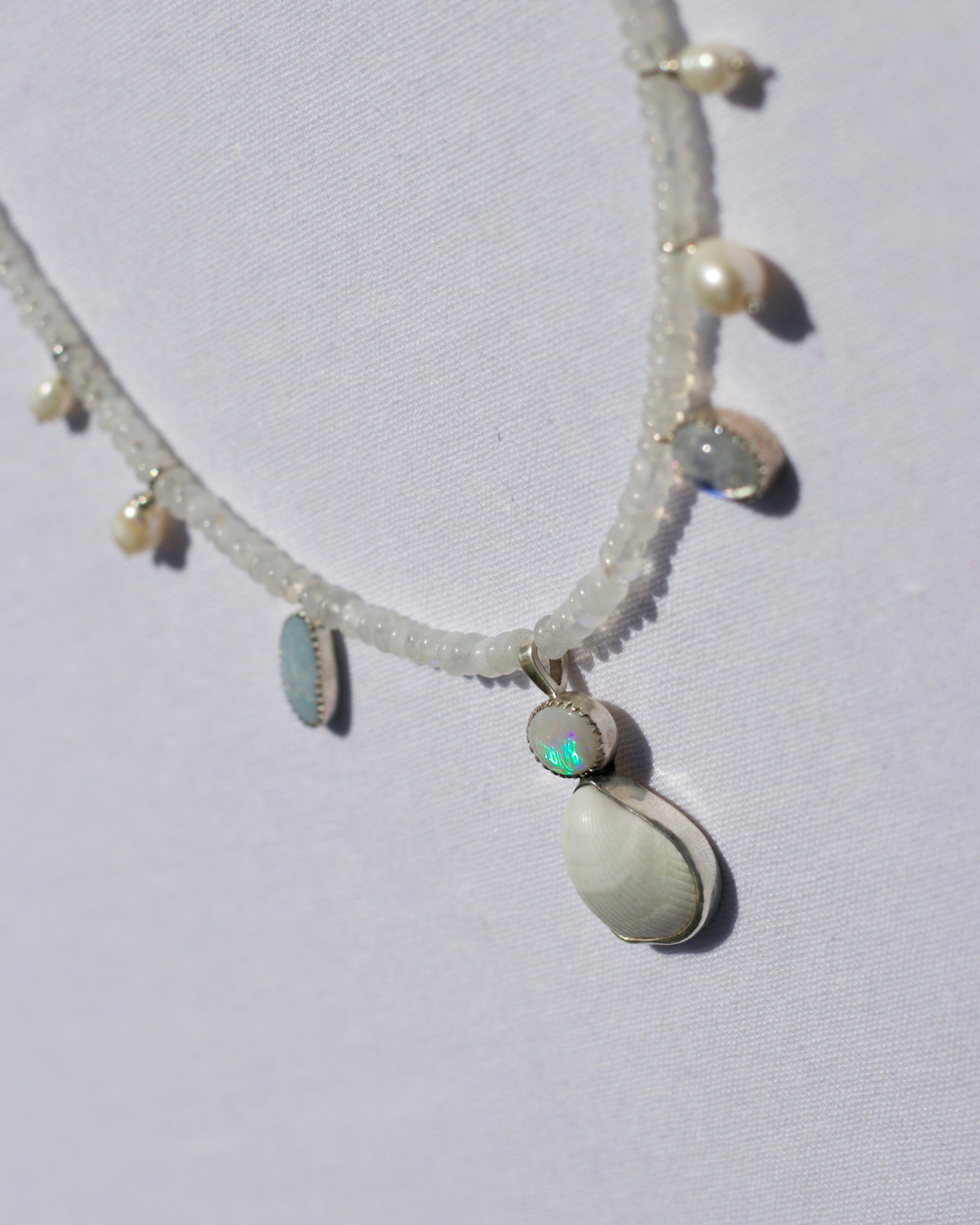 Raibown Moonstone Mermaid Necklace Opal and Shell in Silver