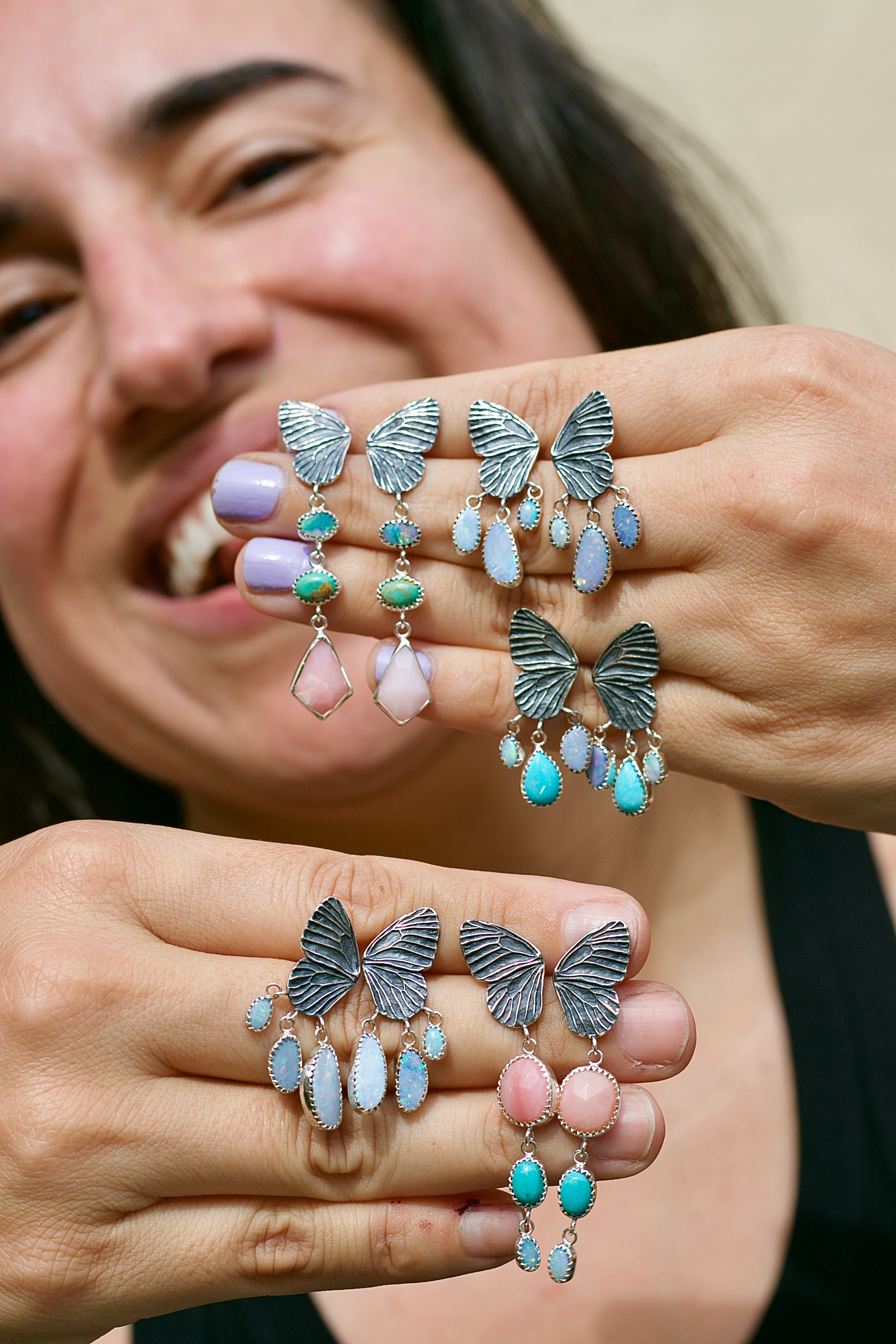 Butterfly Pink Opal, Opal and Turquoise Earrings