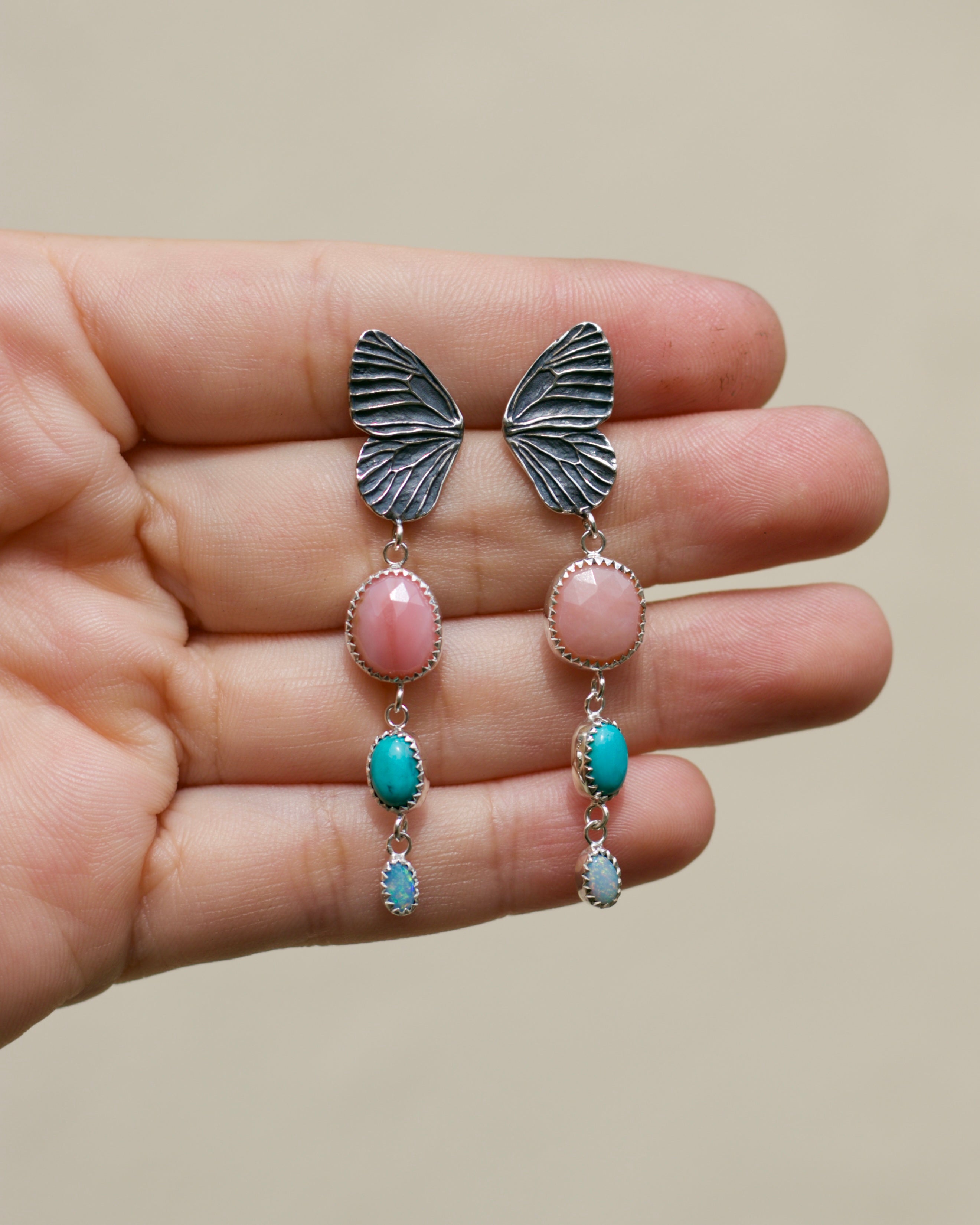 Butterfly Pink Opal, Opal and Turquoise Earrings