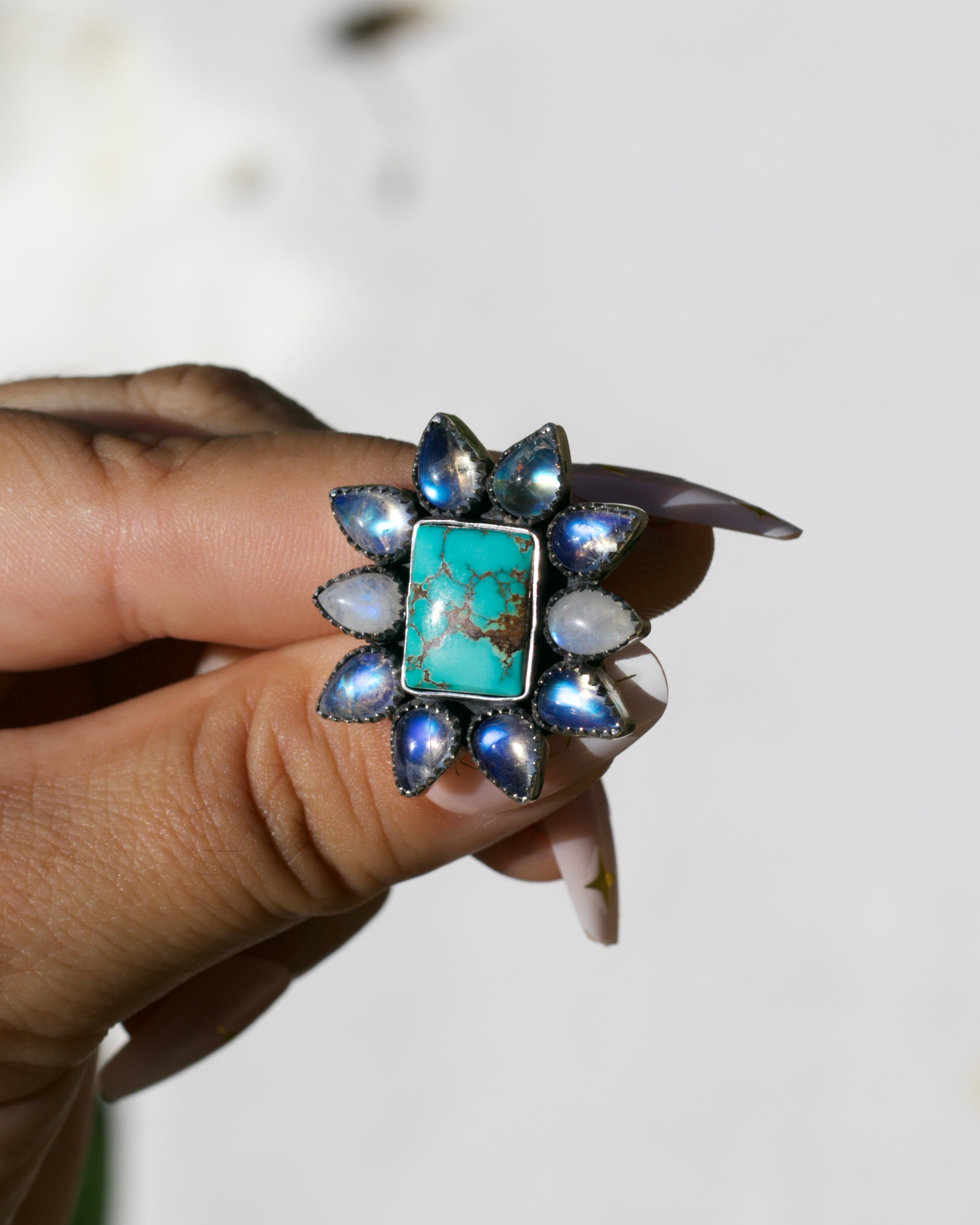 Moonlight Ring. Rainbow Moonstone and Hubei Turquoise. To be finished on your size