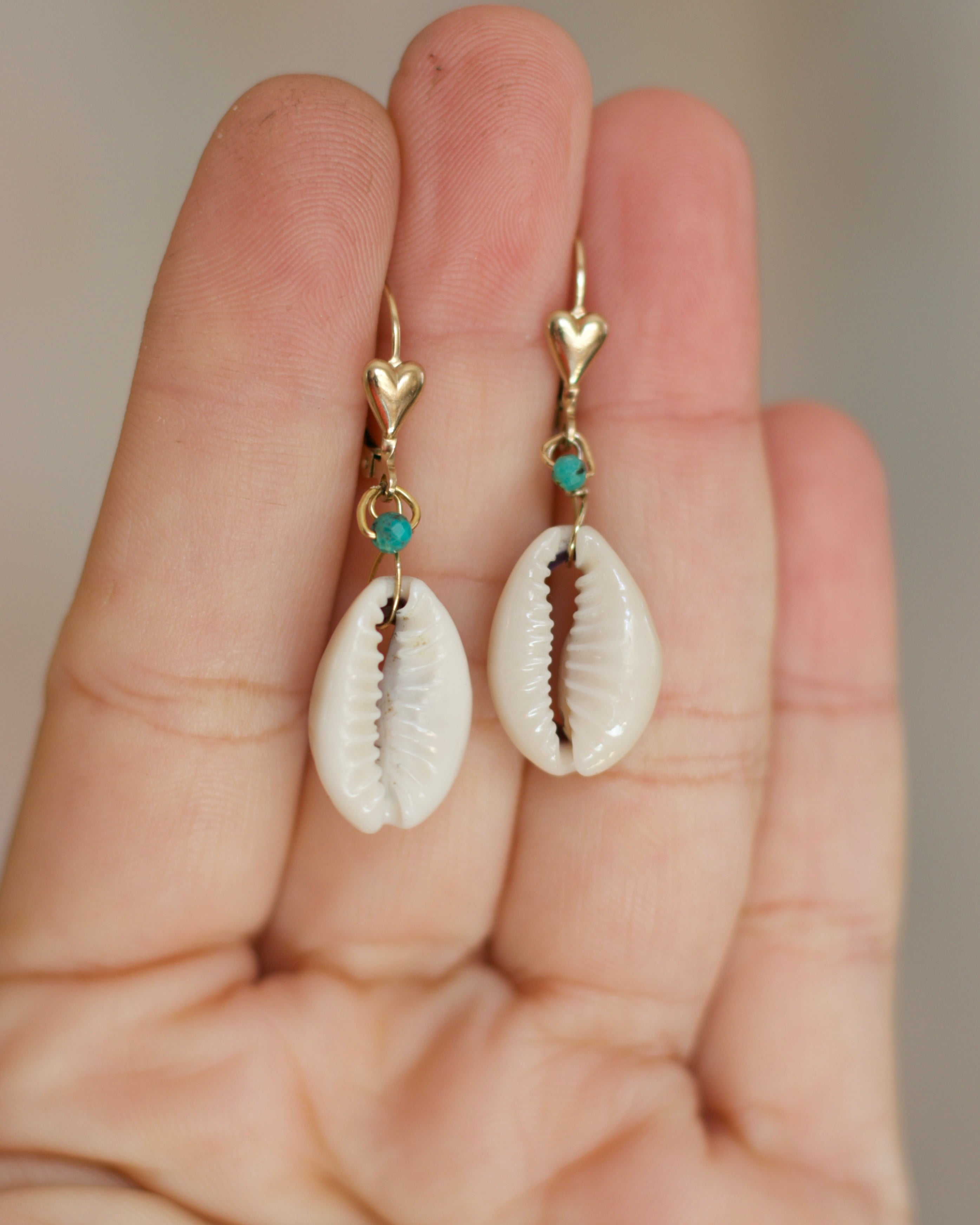 Gold Heart Lever-Back Earring with Cowrie Shell and Turquoise